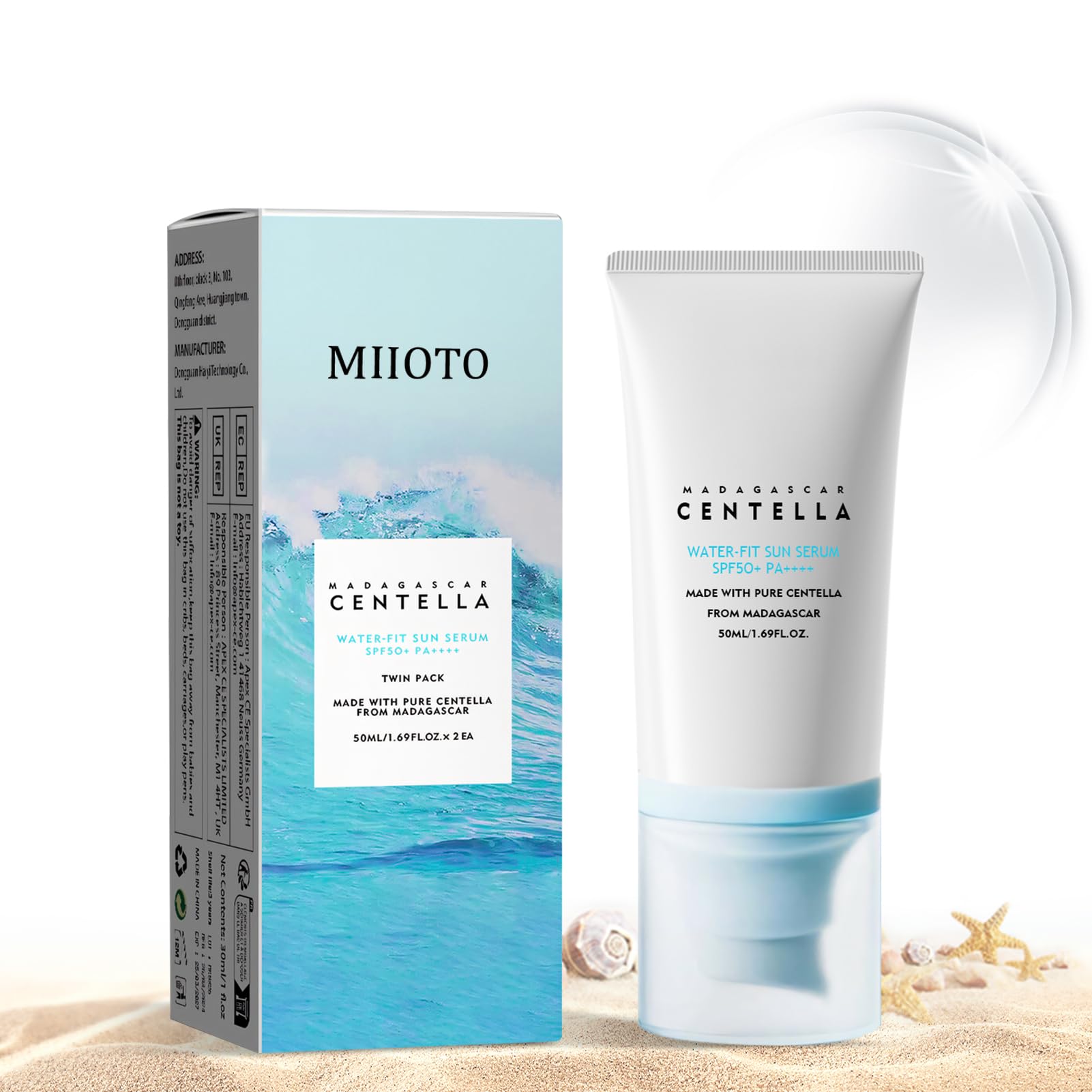 Miioto Madagascar Centella Korean Sunscreen, Crema Protectora Solar 50 Facial, Ligero e Hidratante Crema Solar Facial, Seco y No Graso(50ml)
