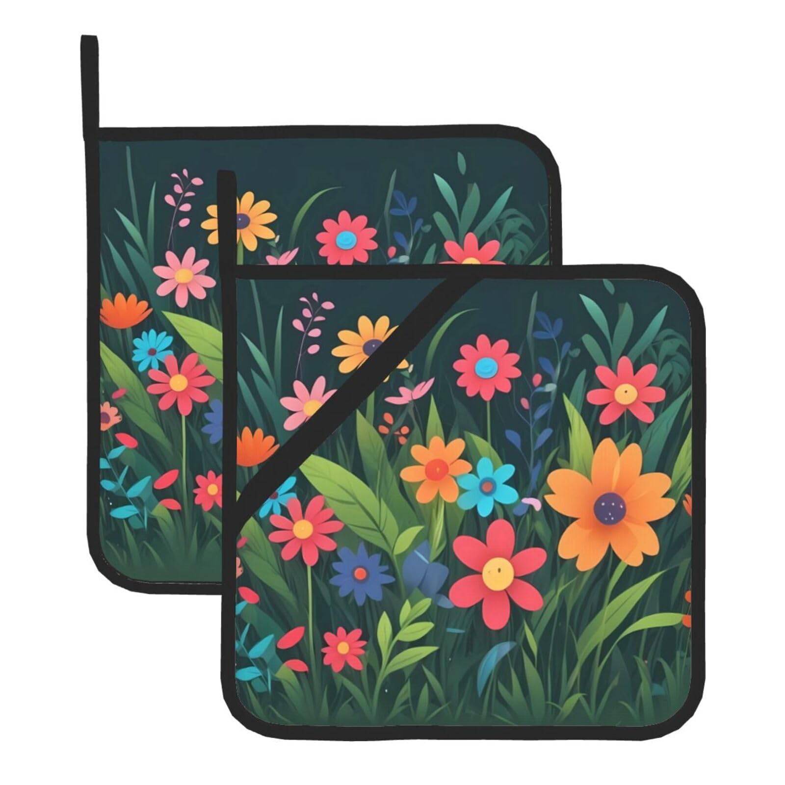 HJFCZH Colorful Flowers and Grass Printed Square Insulated Pot Mat Set (2-Piece) 8x8in Waterproof, Thickened & Easy to Clean with Lanyard Design for Kitchen, Oven & BBQ