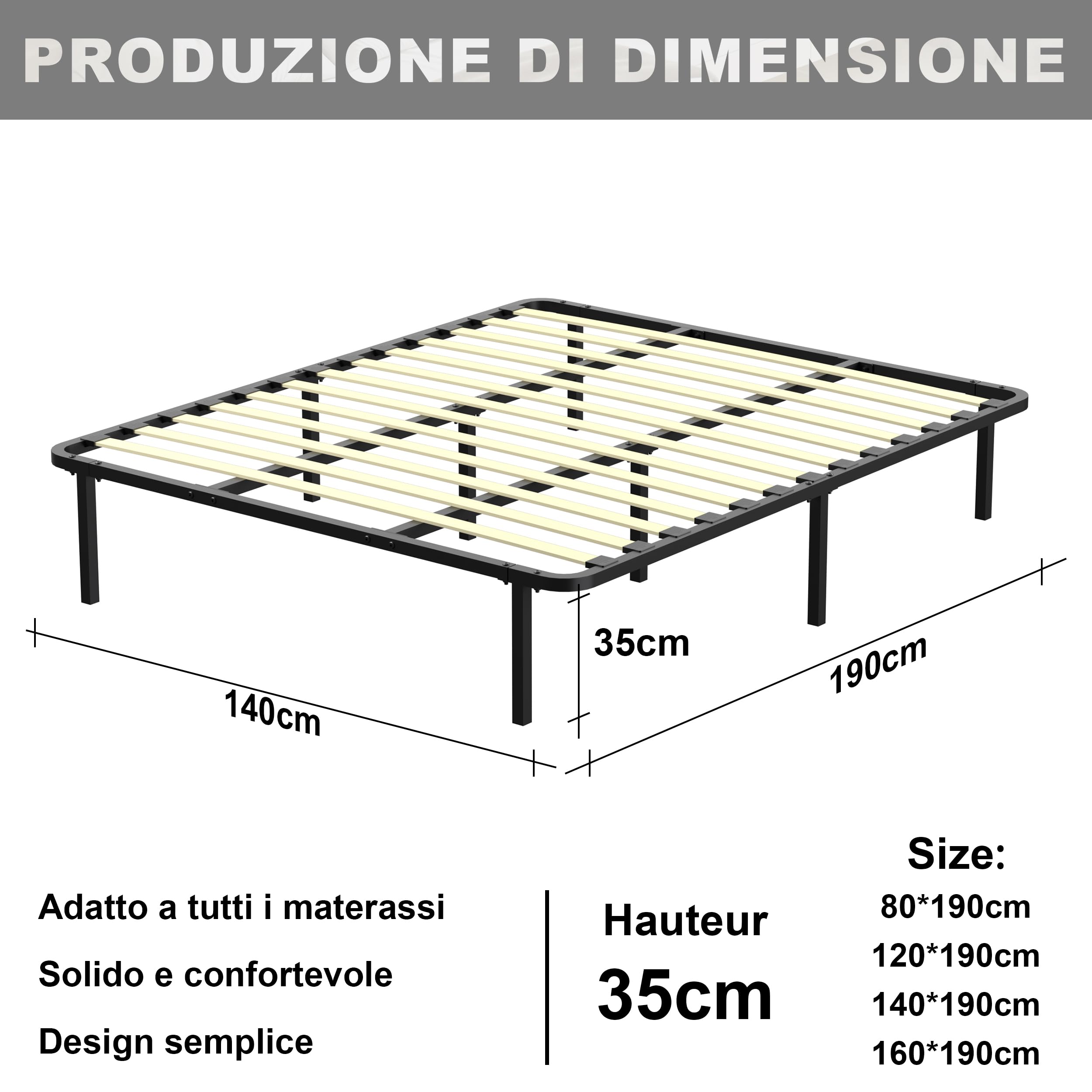 DEWINNER Rete Letto Matrimoniale 140x190cm,Altezza 35 cm,13 Doghe in legno pioppo Ortopedica, Rete singolo con 8 Piedi,Montaggio Rapido e Facile