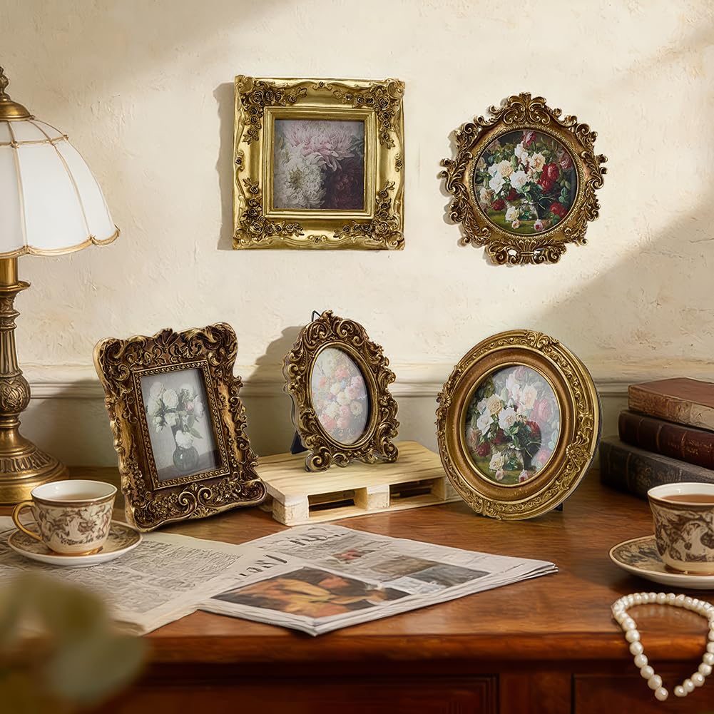 PH PandaHall 5 Stile Kleine Antike Bilderrahmen, Mini Harz Gold Winzige Bilderrahmen Verzierter Vintage Fotorahmen Mit Blumigen Relief Panel Für Zuhause Anzeige
