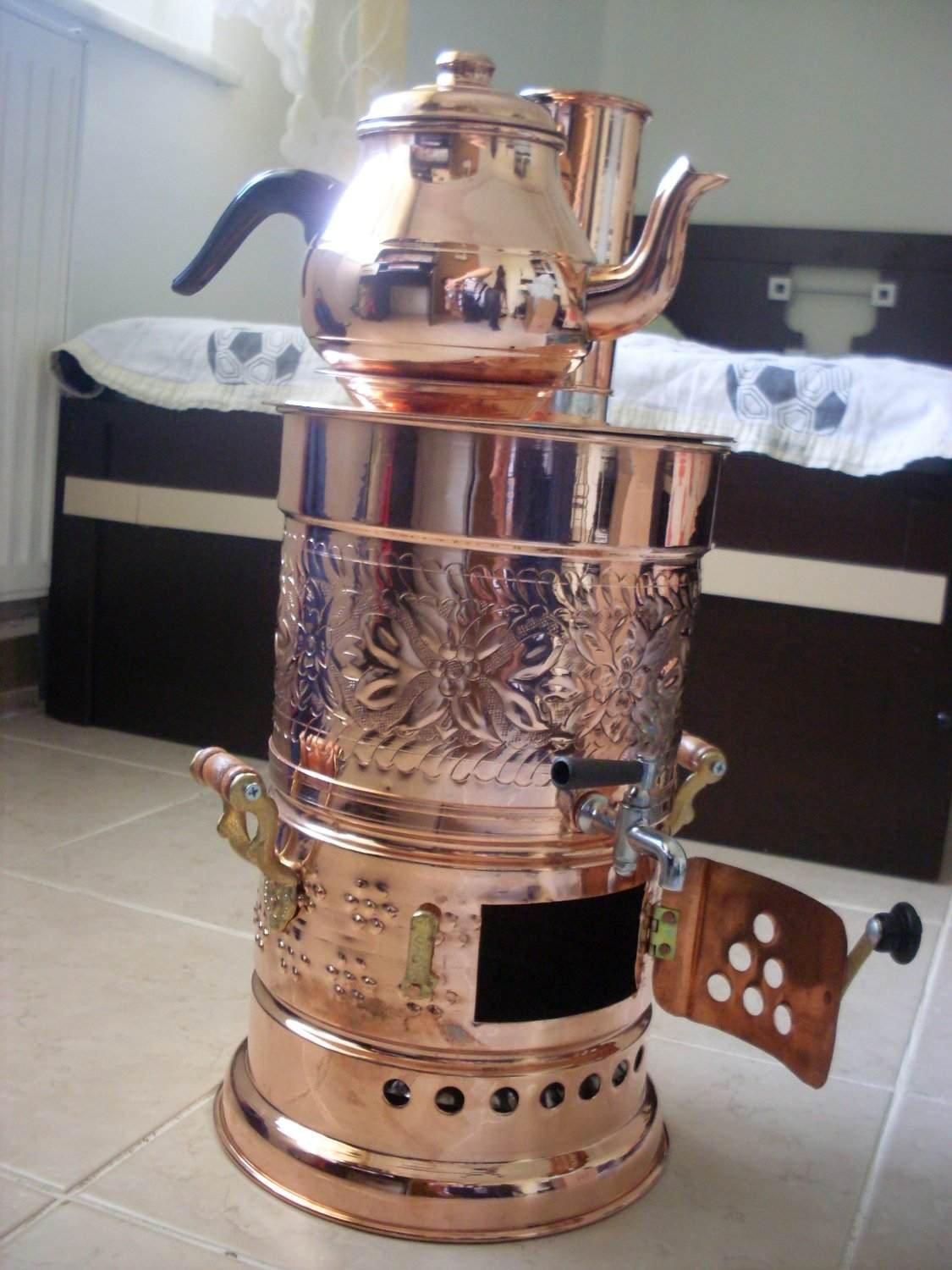 Miedziany samovar czajniczek i czajnik podgrzewacz wody 5 l kemping piesze wędrówki polowanie grill wewnątrz ocynowany węgiel drzewny i drewno opałowe dekoracyjny semiaver