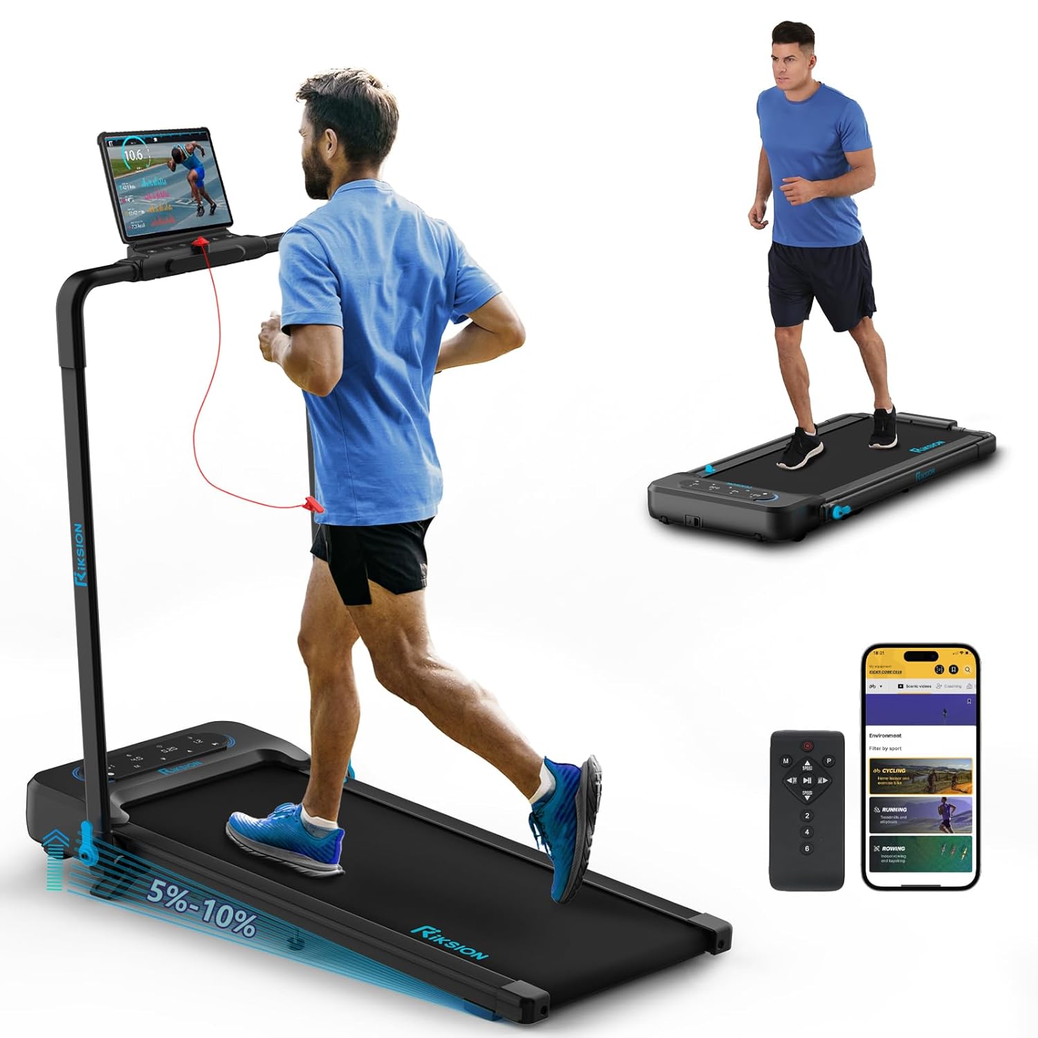 Riksion Treadmill for Home, Treadmill Foldable up to 14 km/h, Walking Pad with 12 Preset Programmes, Electric Treadmill with LED Display, Remote Control and App, No Assembly...
