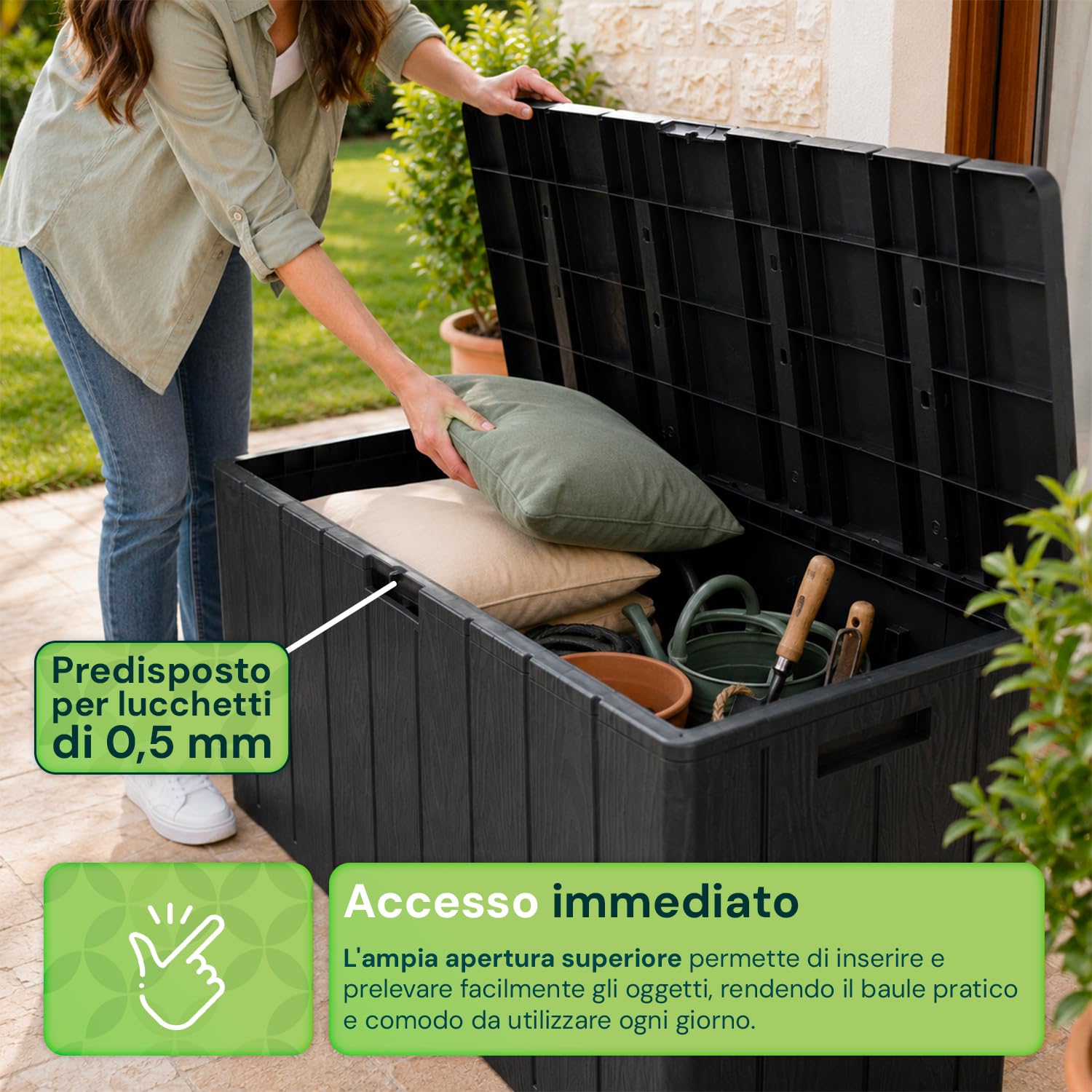 Baule Multiuso da Esterno e Interno 270 Litri in Resina Effetto Legno — Cassapanca Contenitore con Seduta, Antracite, per Giardino, Terrazzo e Casa
