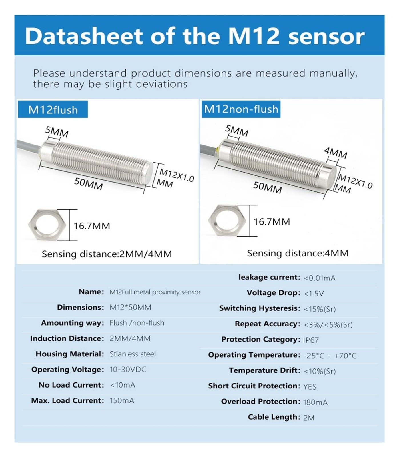 XYNSNDB Näherungssensor M8M12M18M30 mit 2 m Kabel Vollmetallsensor (M12 bündig PNP NO-Sn: 4 mm)