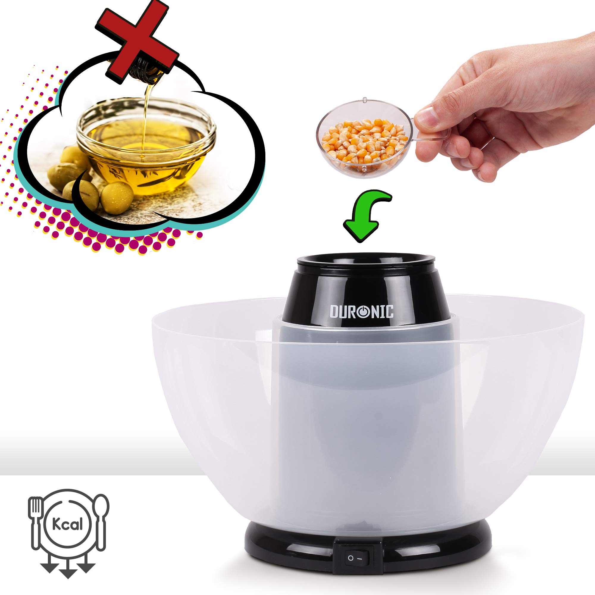 Duronic POP50 BK Maszyna do popcornu automat 1200W z wyjmowaną misą bezolejowa | do prażenia 50g ziaren przekąska bez tłuszczu | na gorące powietrze