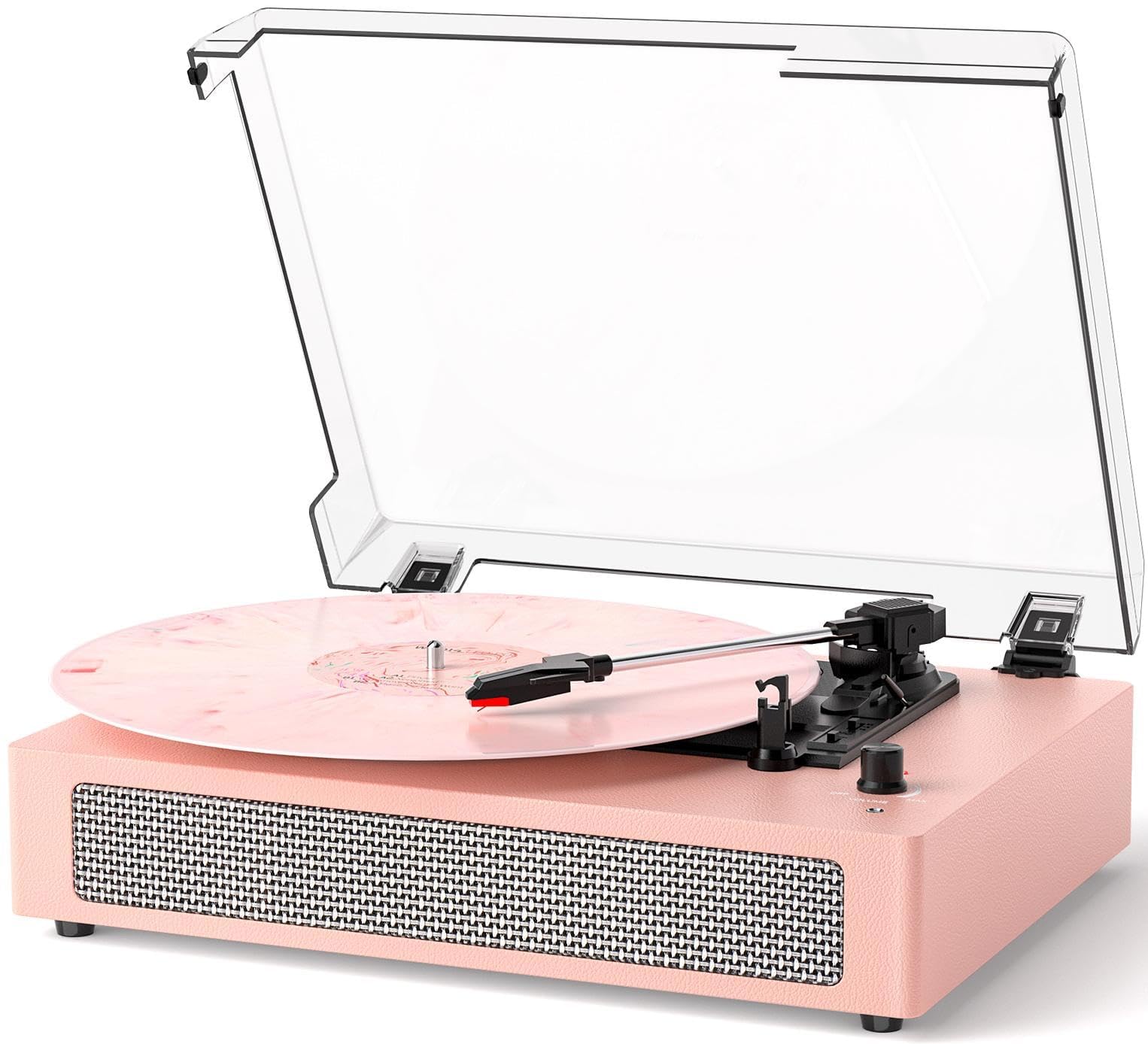 Winylowy gramofon vintage 3-biegowy bezprzewodowy gramofon Bluetooth z napędem pasowym, wbudowane głośniki stereo, wyjście RCA, wejście AUX, automatyczne zatrzymanie, różowy odtwarzacz LP