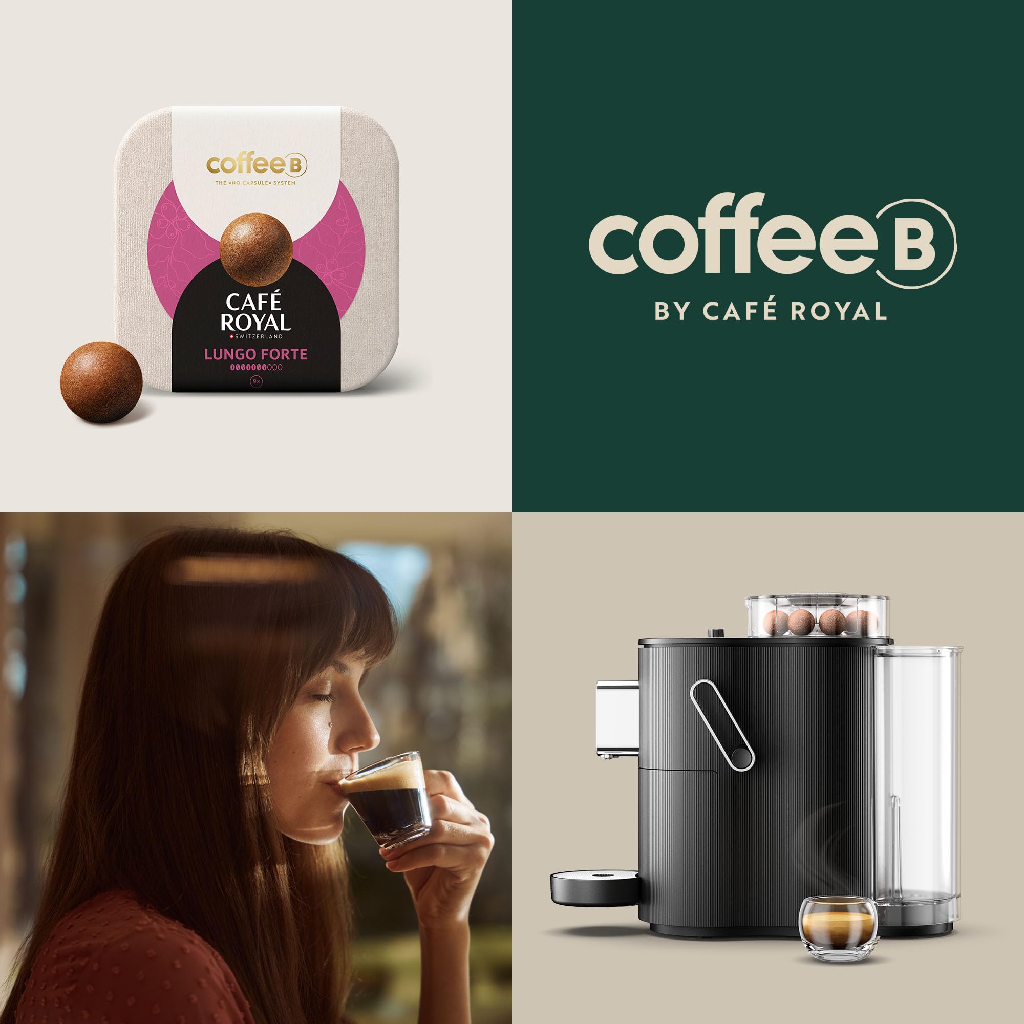 CAFE ROYAL SWITZERLAND PROFESSIONAL Machine à Café CoffeeB Globe Noir 1.3L avec 90 Coffee Balls Lungo Forte - 100% Compostables