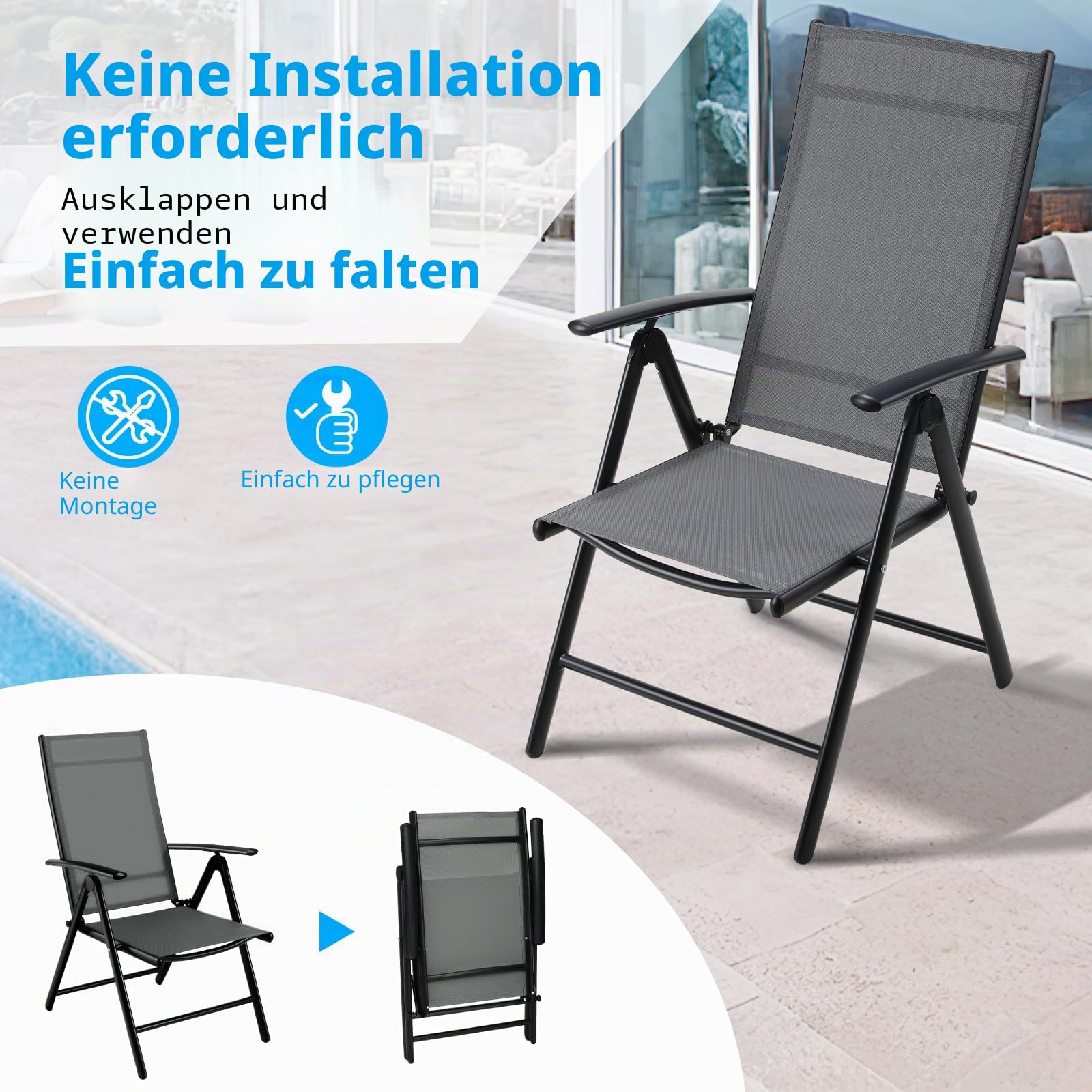 LIFERUN Gartenstuhl Hochlehner Klappbar, Alu Balkonstuhl 2er Set | Gartenstühle 7-Fach Verstellbar bis 120kg, Gartensessel Outdoor, Wetterfest, Klappstuhl Campingstühle, Dunkelgrau