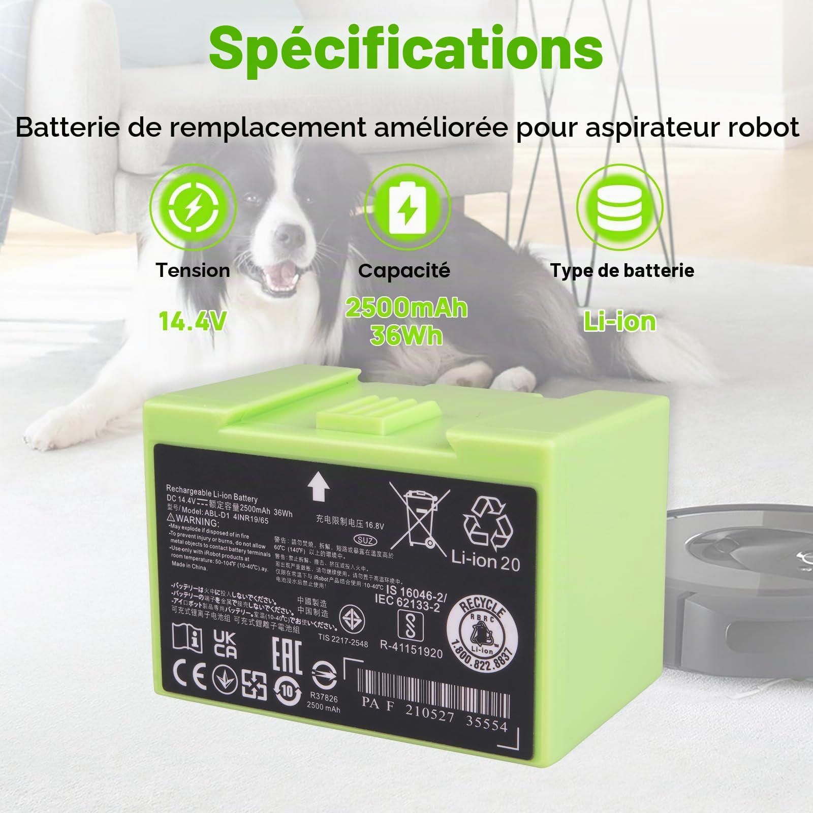 2500mAh Batterie ABL-D1 Compatible avec iRobot Roomba Séries e et i, i8 i8+ i7 i7+ i4 i4+ i3 i3+ i6 e5 e6 J7 7150 7156 7158 7558 3150 3158 3550 e5150 e5152 e6198, ABL-D2 [14,4 V 36 Wh]