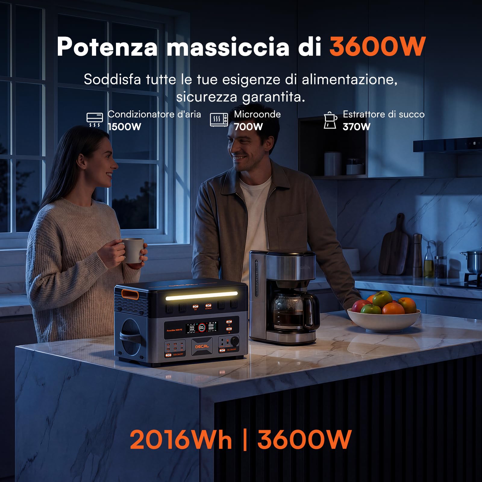 OSCAL 3600W (7200w Picco) Centrale Elettrica Portatile, 2160Wh Generatore Solare con Batteria LFP, Ricarica 80% in 45min, 14 Porte, Portable Power Station per Casa, Campeggio, Camper, PowerMax 3600PE - 3