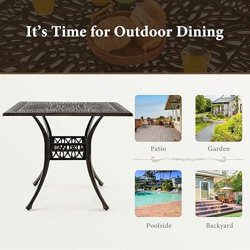 Miniatura 9 de Tangkula Mesa de comedor para exteriores de 35.4 pulgadas, mesa de aluminio fundido para todo tipo de clima con agujero para paraguas de 2.2