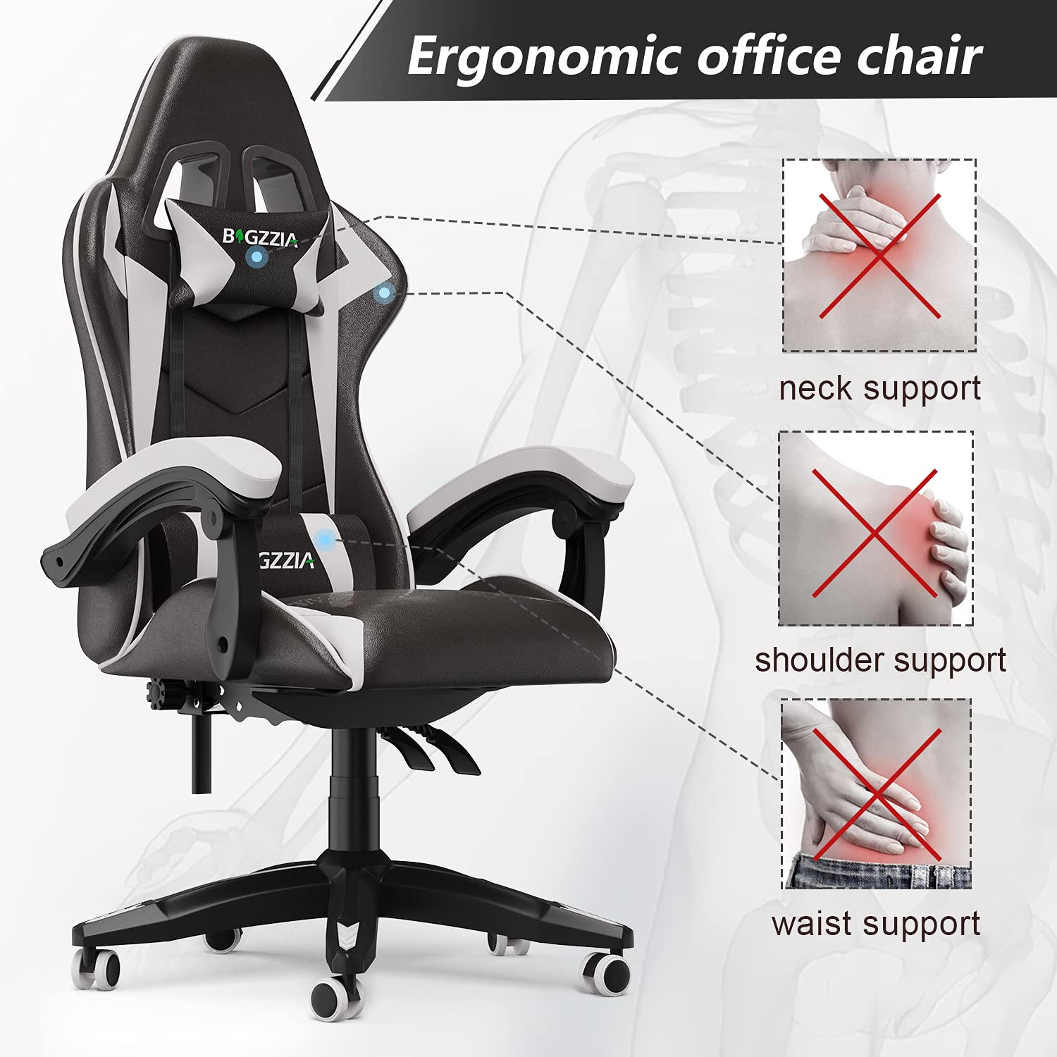 bigzzia Silla Gaming,Silla Ergonómica de Oficina en Cuero PU,Regulable en Altura con Soporte Lumbar y Reposacabezas,Respaldo Reclinable 155°,Silla Gamer Adulto Niño (Blanco)