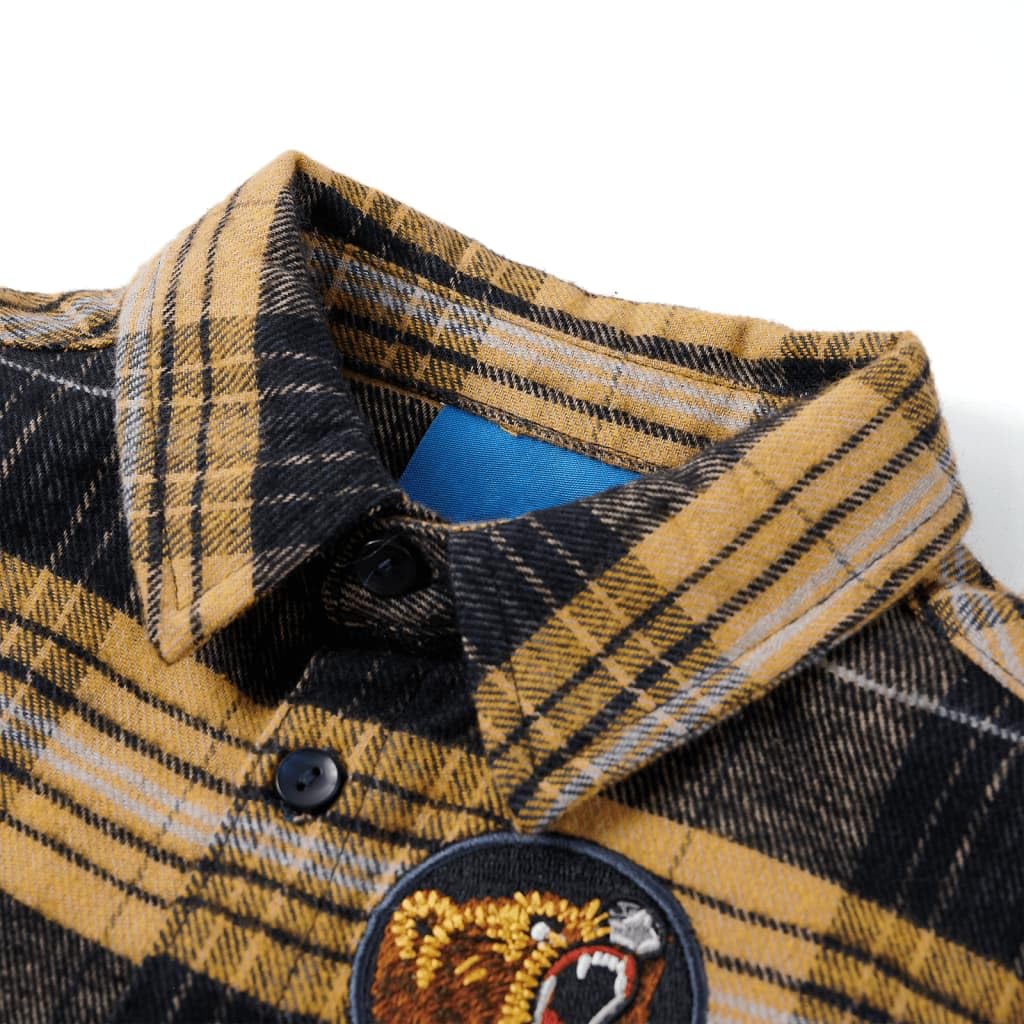 Camisa infantil a cuadros amarillo y negro de 100% algodón con cuello puntiagudo, mangas largas, parche bordado de oso, filas de botones, transpirable y cómoda para el día a día de los niños