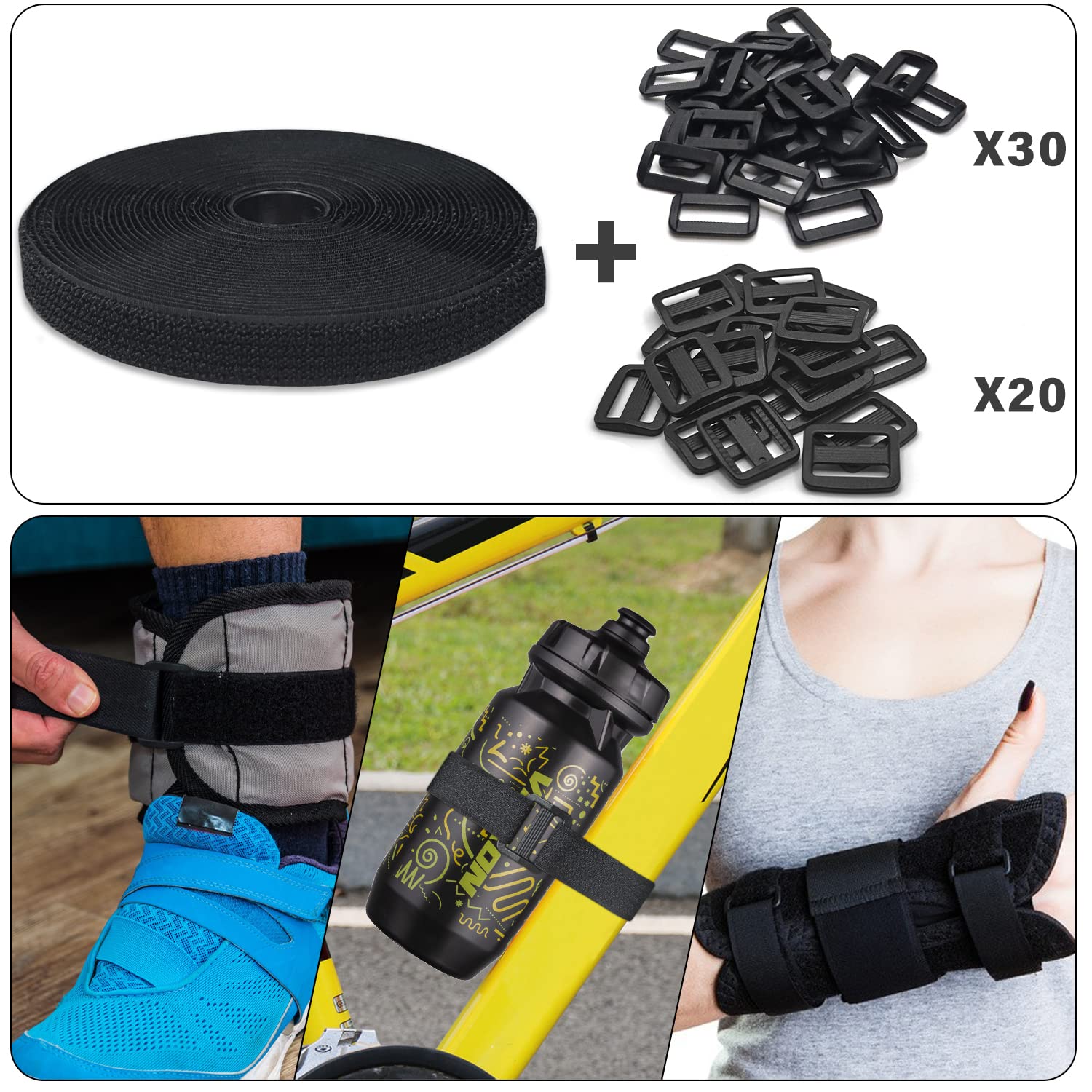 Fascette a Strappo Da 10 M 50 Fibbie, Fascetta per Cavi a Lunghezza Libera 2 cm Di Larghezza, Hook and Loop Strap,Riutilizzabili Fettuccia Nylon Nero per Casa, Ufficio e Giardino