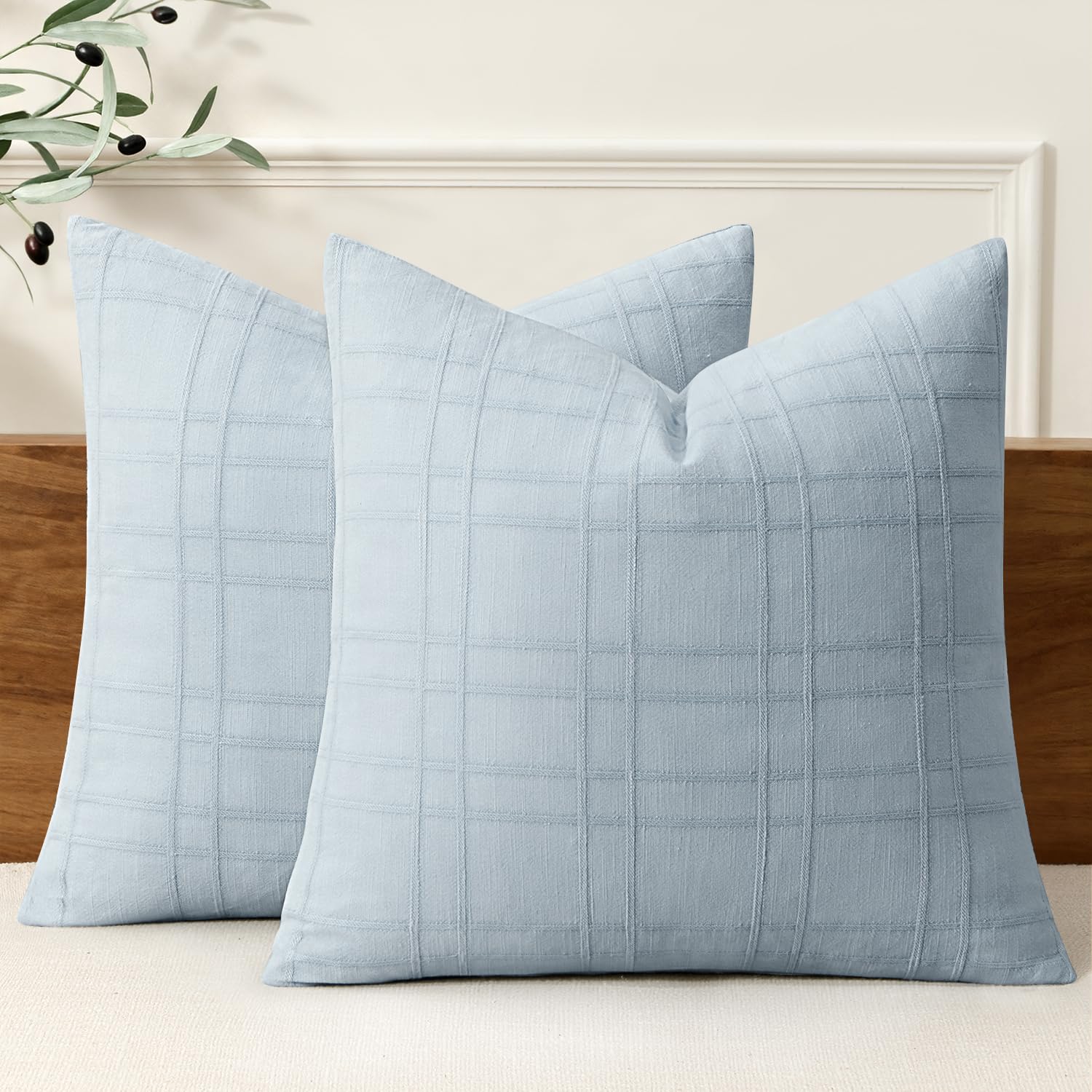 MIULEE Linen Plaid Pillow Covers Decorative 20x20 Coastal Blue