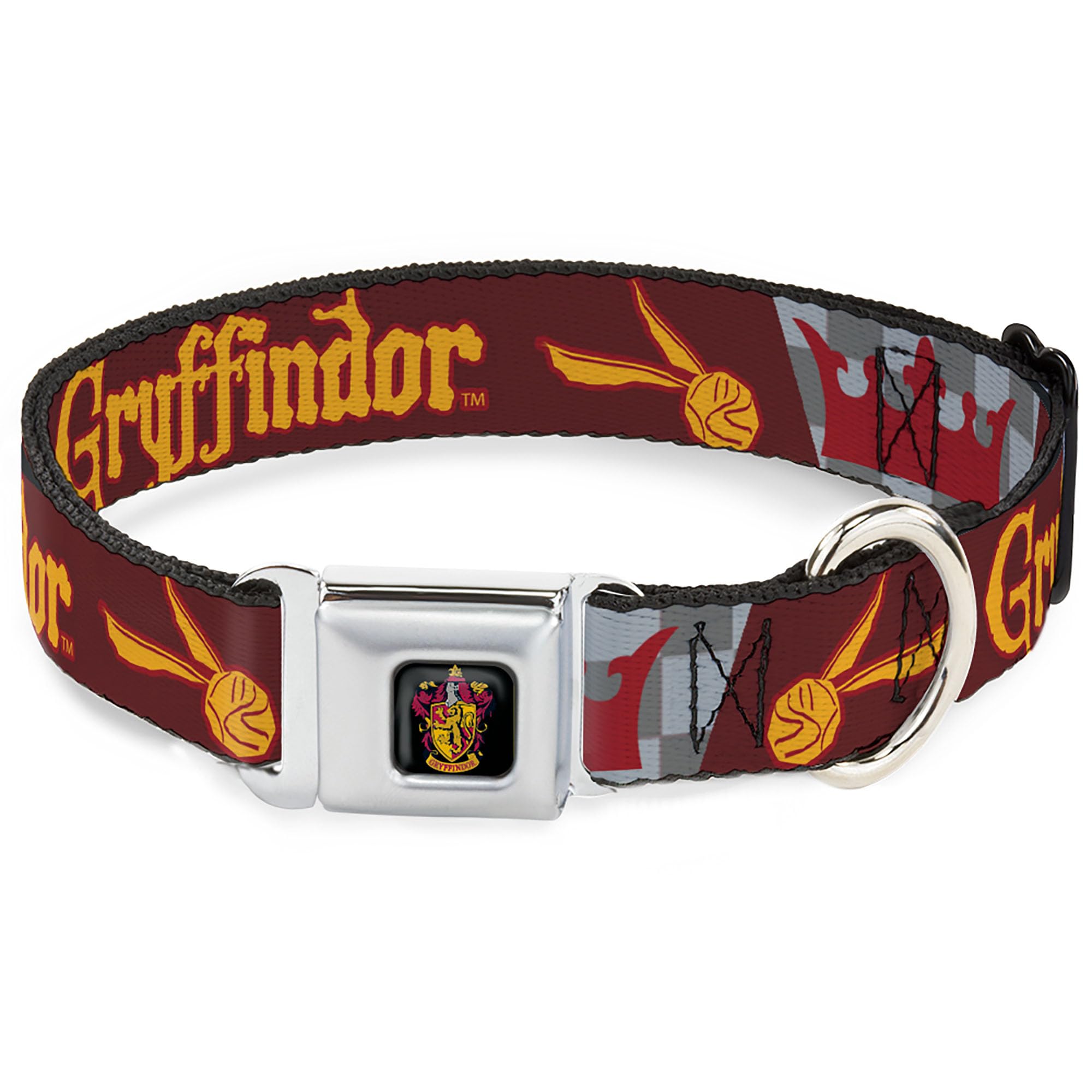 Warner Bros. Pet Collar, Dog Collar Metal Seatbelt Buckle, Harry Potter Gryffindor Quiditch Ball Crown Red Golds Grays, 13 to 17 Inches 1.5 Inch Wide