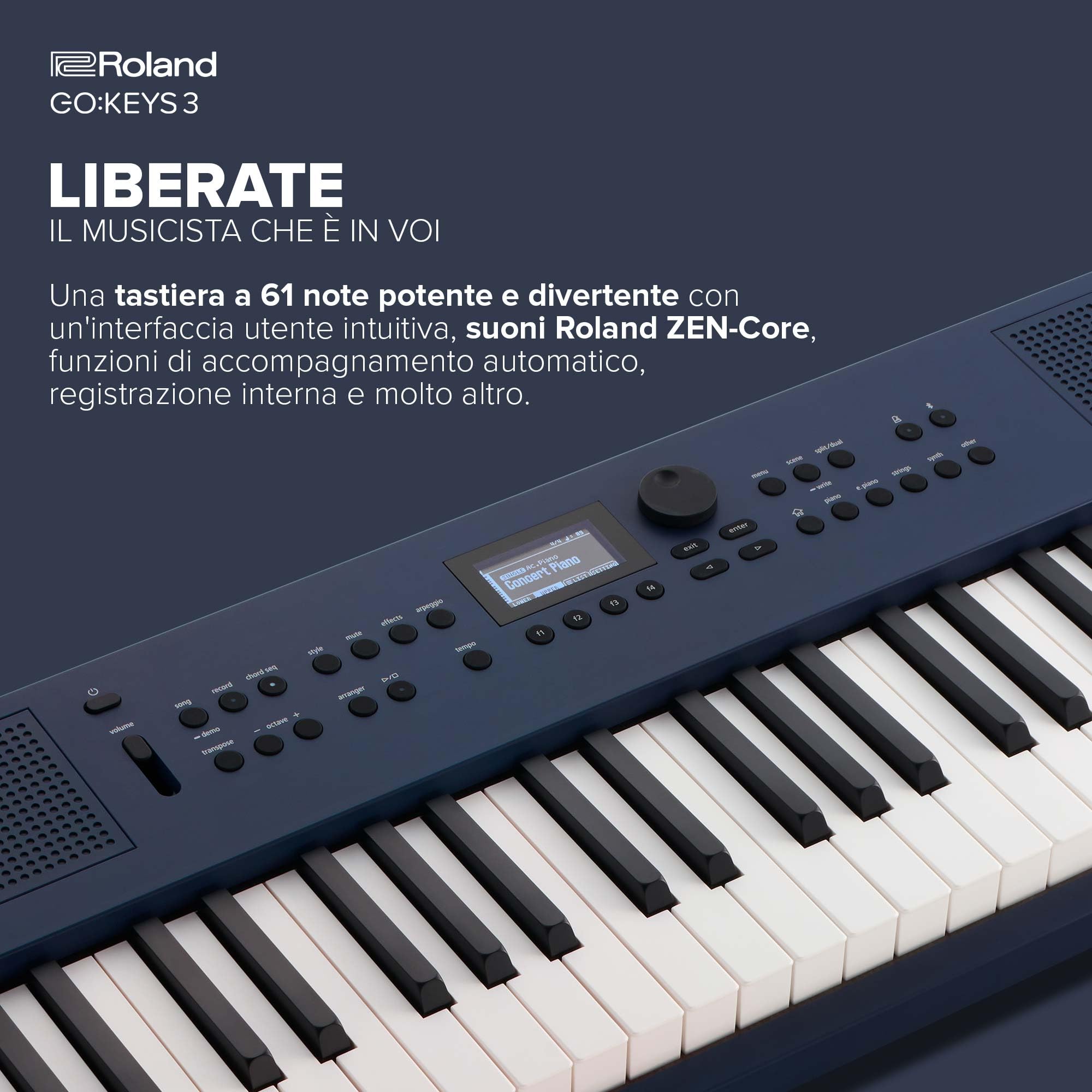 Roland GO:KEYS 3 Music Creation Keyboard | Tastiera a 61 Note | Generatore ZEN-Core con Oltre 1.000 Suoni Integrati | Diffusori Stereo Incorporati | Supporto di Audio/MIDI Bluetooth – Midnight Blue