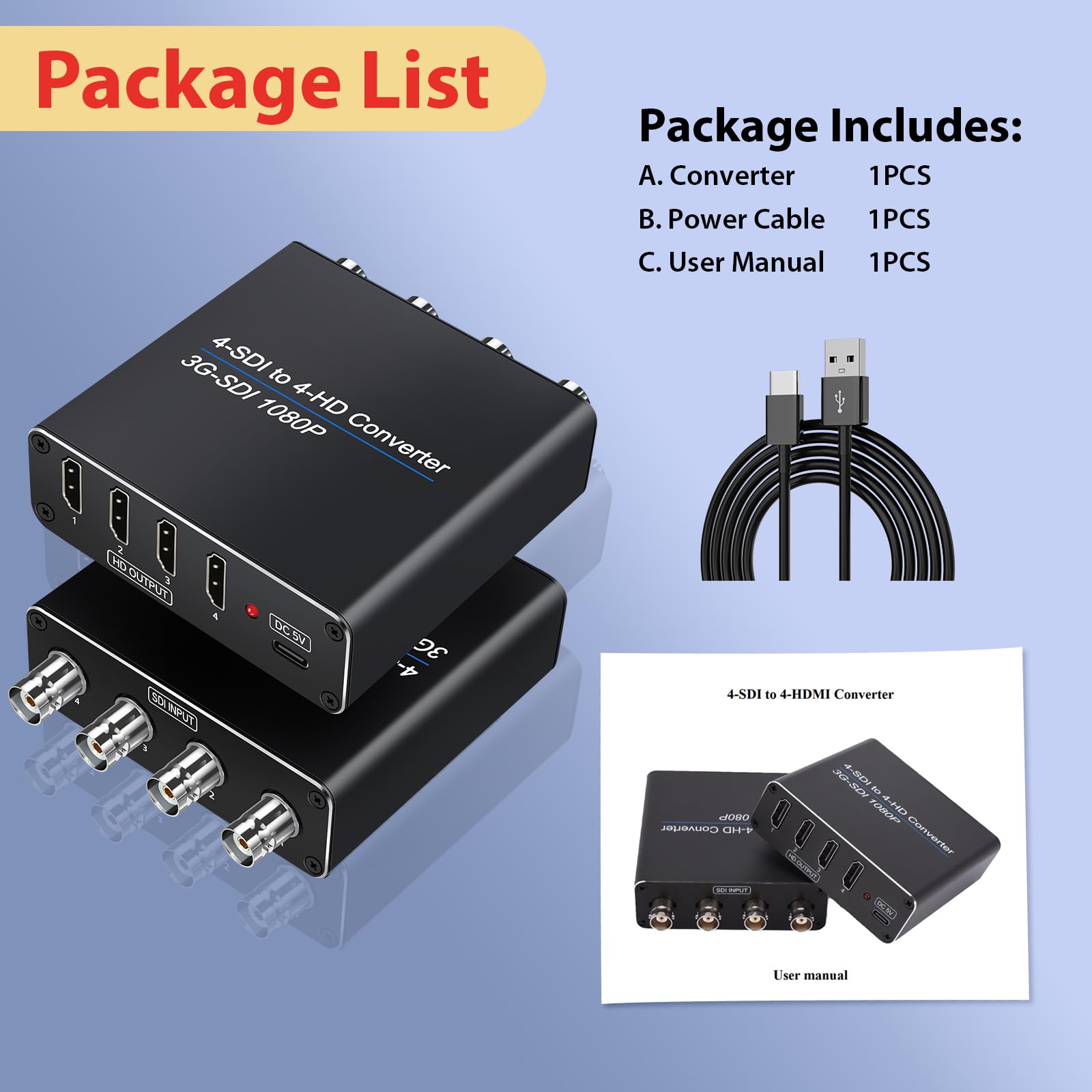 ACHAVE Convertidor de video SDI a HDMI, 4 entradas SDI y 4 salidas HDMI, 4 en 4 salidas, negro, soporte multiformato, entrada HD-SDI/3G-SDI, resolución de 1080p a 60Hz, transmisión de larga distancia