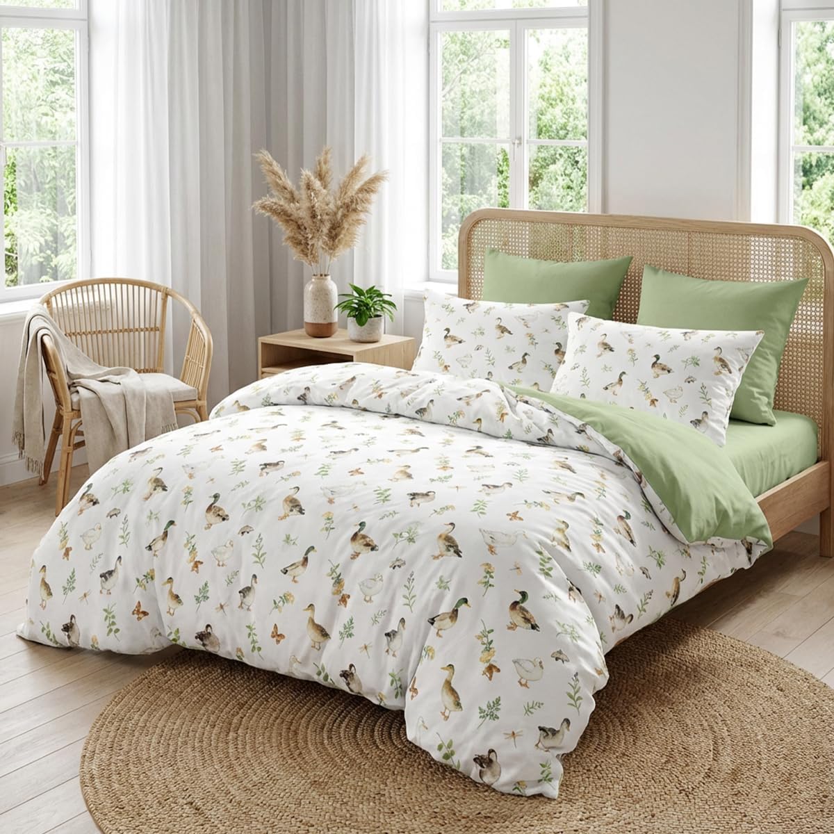 Kids Comforter Set Full 3 Pieces Cute Duck Bedding Set for Girls Boys Rustic Botanical Floral Comforter with 2 Pillowcases, Lightweight Soft 100% Microfiber, Farmhouse Aesthetic