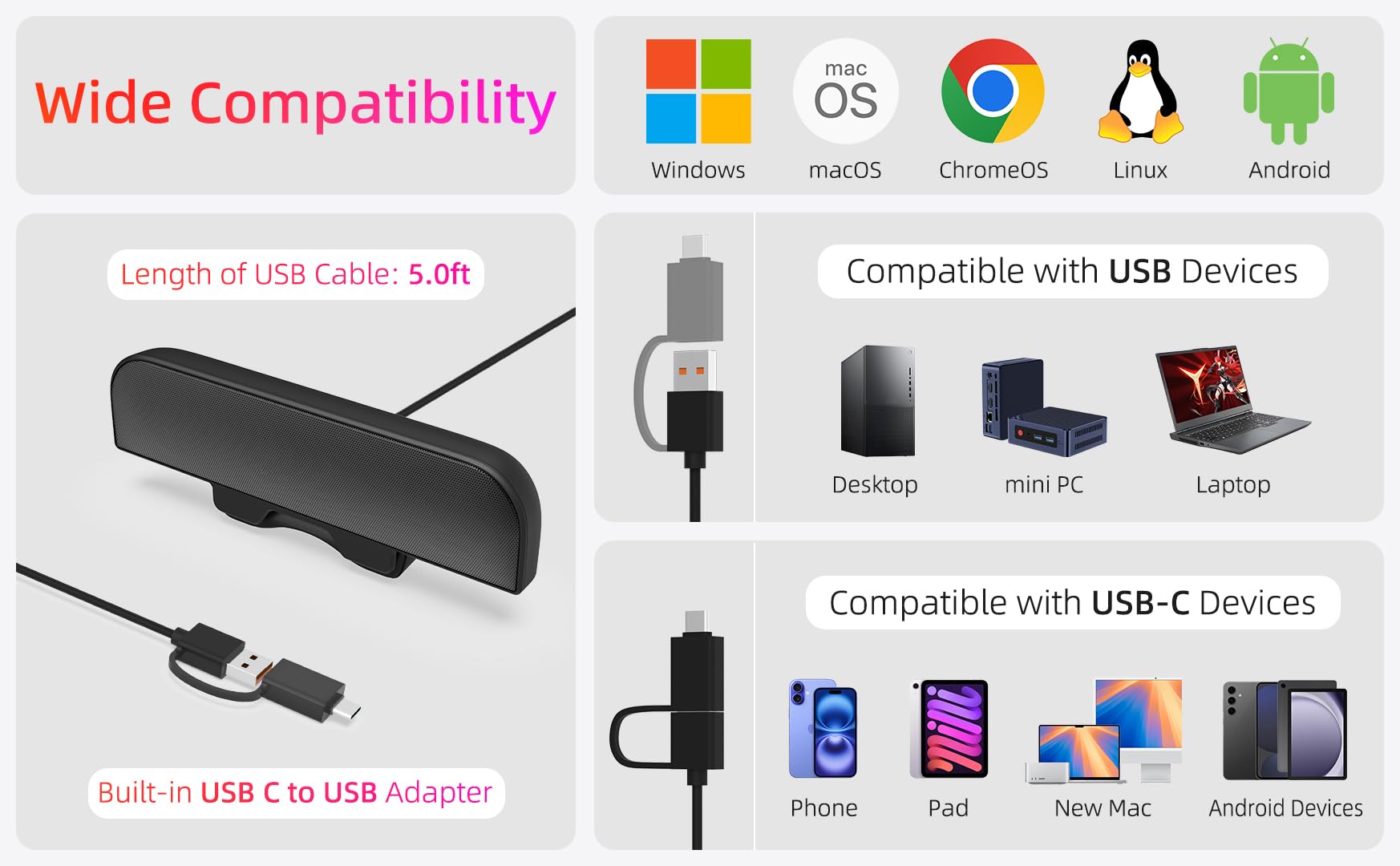 Altoparlanti per computer per PC desktop, altoparlanti monitor, plug-in USB, cablati, altoparlante esterno per laptop, soundbar per PC di piccole dimensioni, con suono forte, bassi profondi