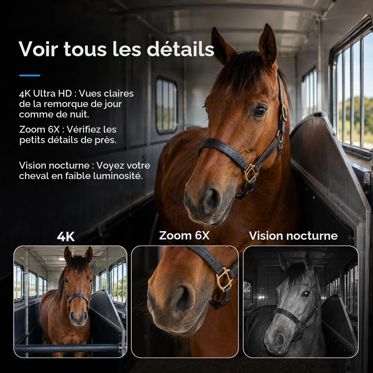 NomadEye Caméra Sans Fil pour Van à Chevaux – Vidéo 4K en Direct sur Votre Téléphone avec Vision Nocturne, Audio Bidirectionnel, Batterie 15 h, Fixation Magnétique – Aucun Wi-Fi dans le Van Nécessaire