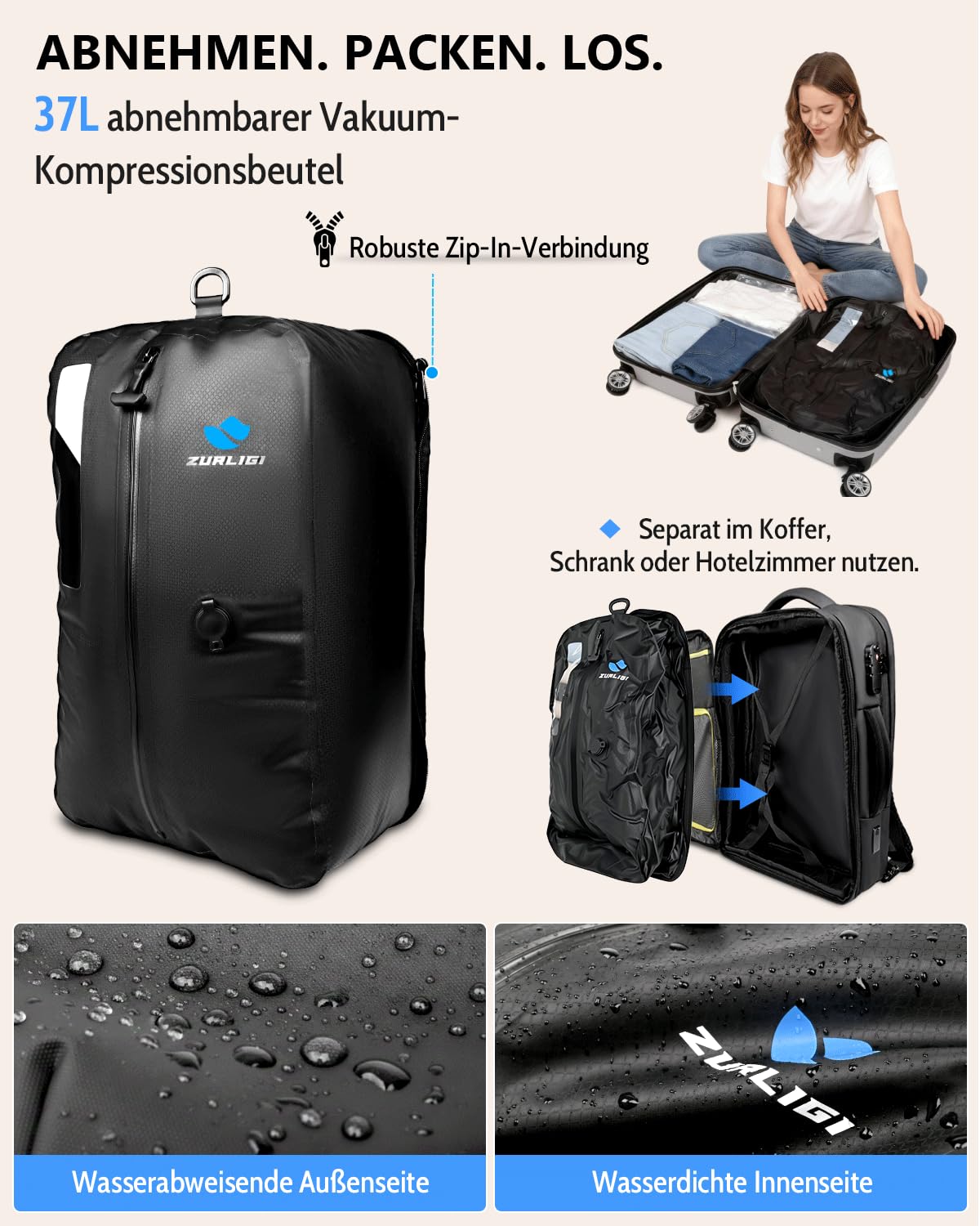 Zurligi Vakuum-Reiserucksack mit Vakuumbeutel, Mini-Pumpe, 30–60L, TSA-Lock | Erweiterbarer, wasserabweisender Carry-on-Rucksack mit herausnehmbarem Vakuumbeutel, Diebstahlschutz, für Damen und Herren