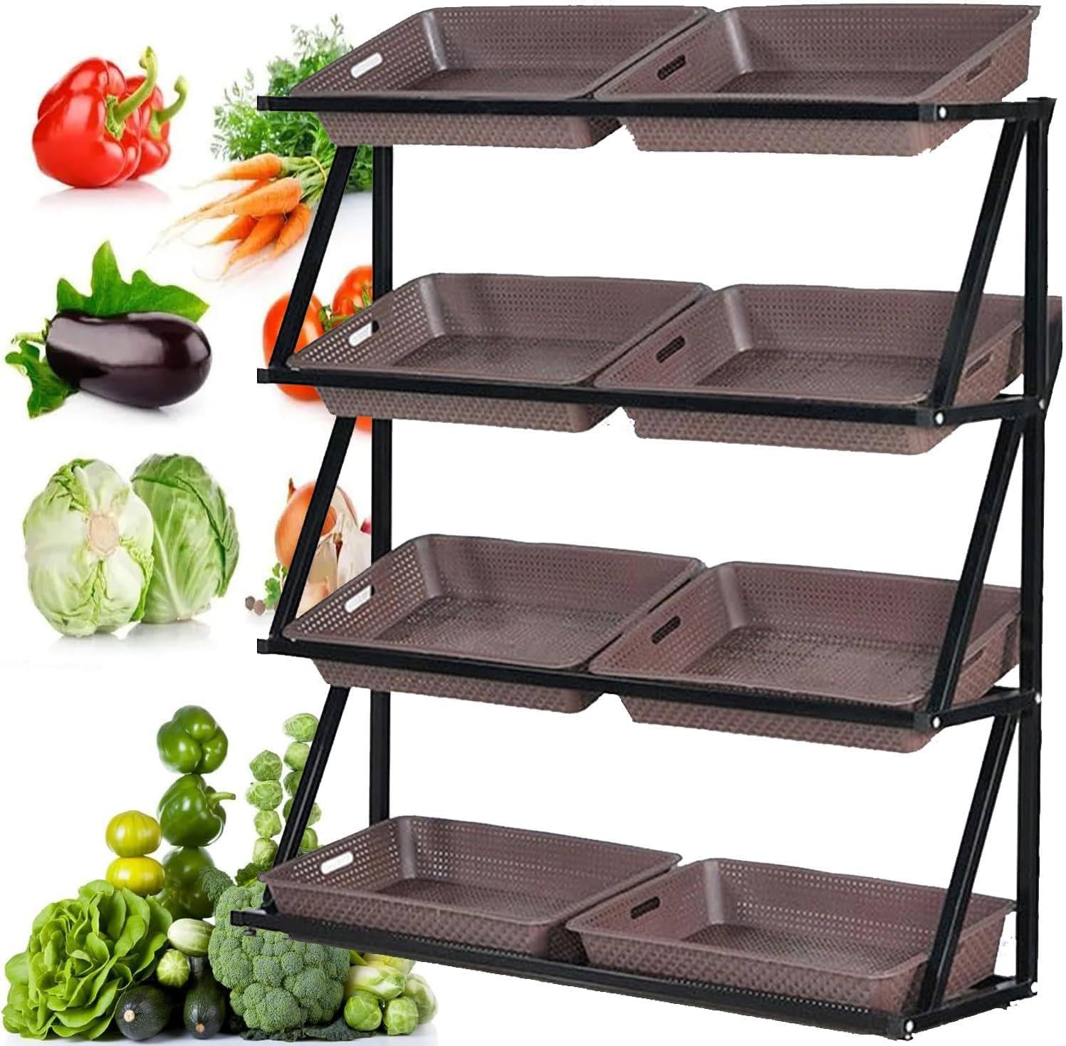 Memykoy Supermarket Fruit Vegetable Display Shelf with 8/10 Baskets, 4/5 Layer Market Stand for Retail Pantry Convenience Stores, Large Capacity Snack Storage Organizer Brown-4Tier