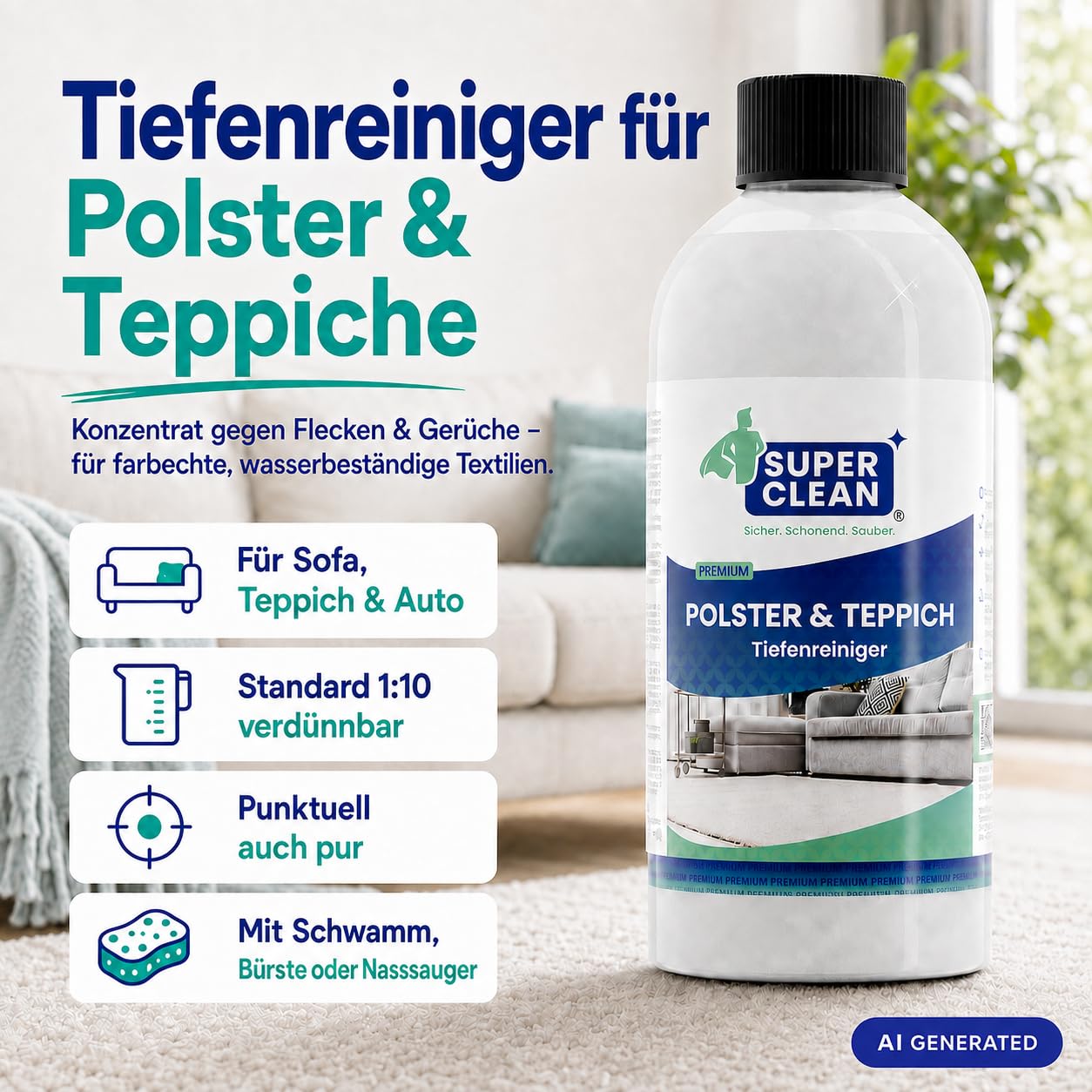 SUPER CLEAN Polster- & Teppichreiniger, 10 l | Ergiebiges Konzentrat gegen Flecken und Gerüche für Sofa, Teppich und Autositze