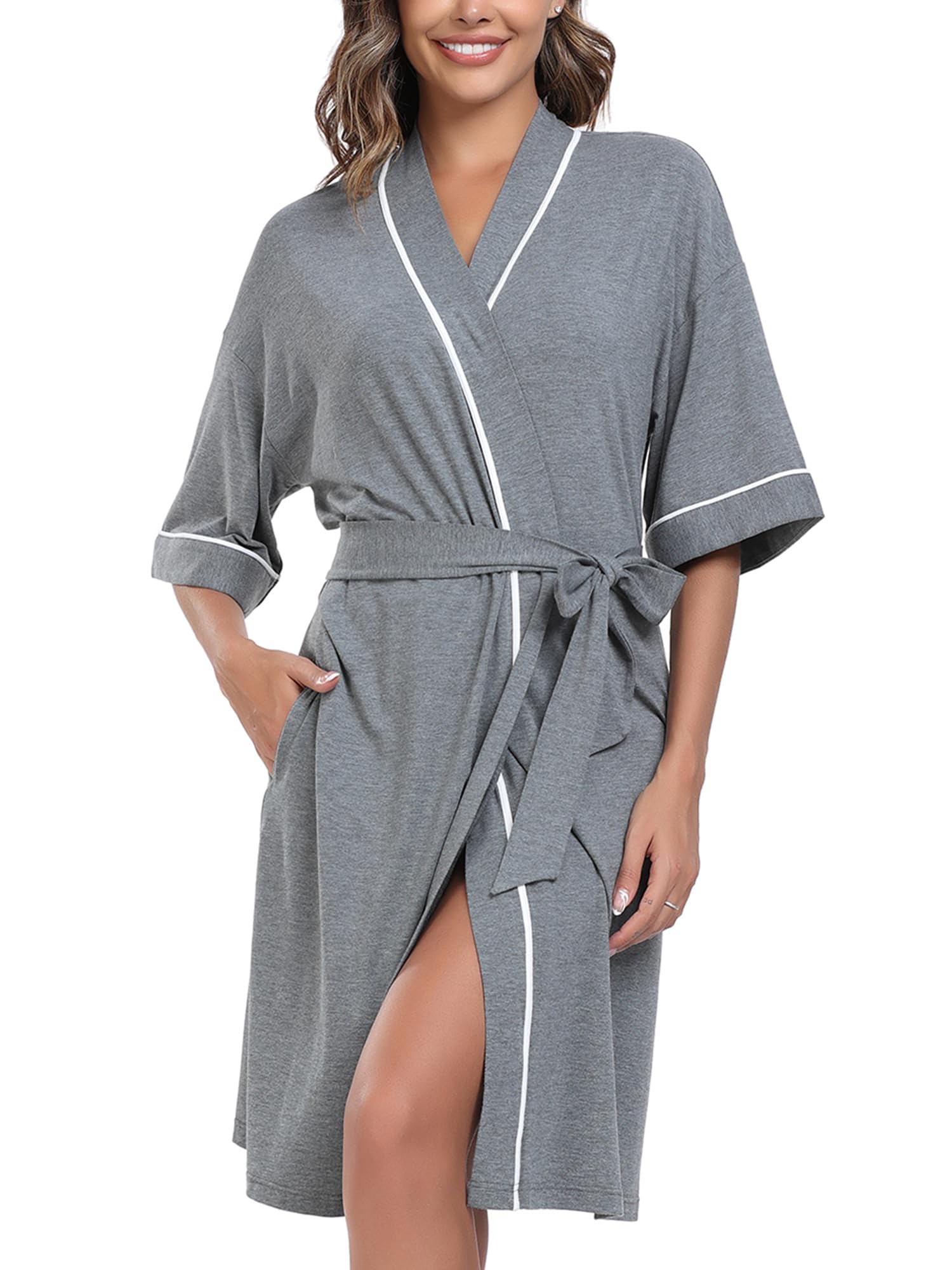 COLORFULLEAF Womens Bamboo Short Robes Lightweight Kimono Cotton Robe Soft Knit Bathrobe Ladies Loungewear with Pockets