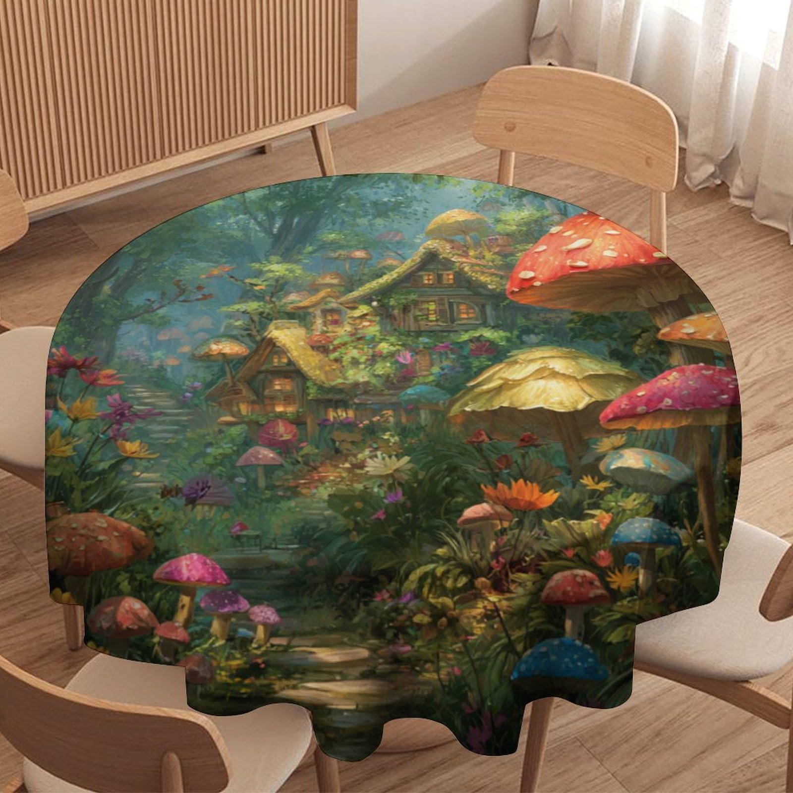 LUYYSKY Colorful Realistic Enchanted Forest Waterproof Round Tablecloth Vintage Watercolor Boho Plant Mushroom Pattern Washable Table Cover for Kitchen-177.8" Wx177.8 L cm