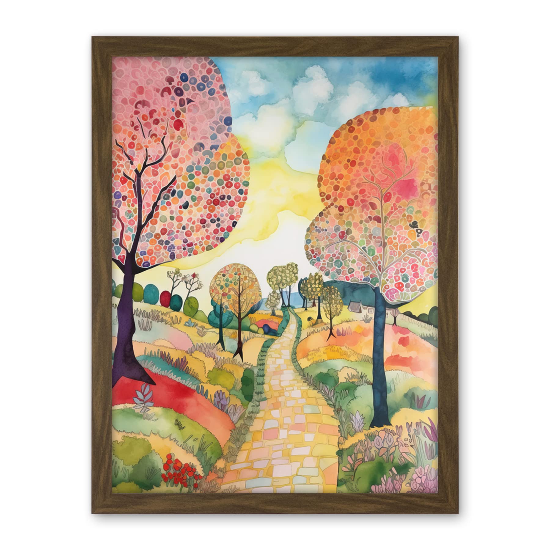 Artery8 Countryside Path With Blooming Flowers And Trees Folk Art Landscape Watercolour Painting Artwork Framed Wall Art Print 18X24 Inch
