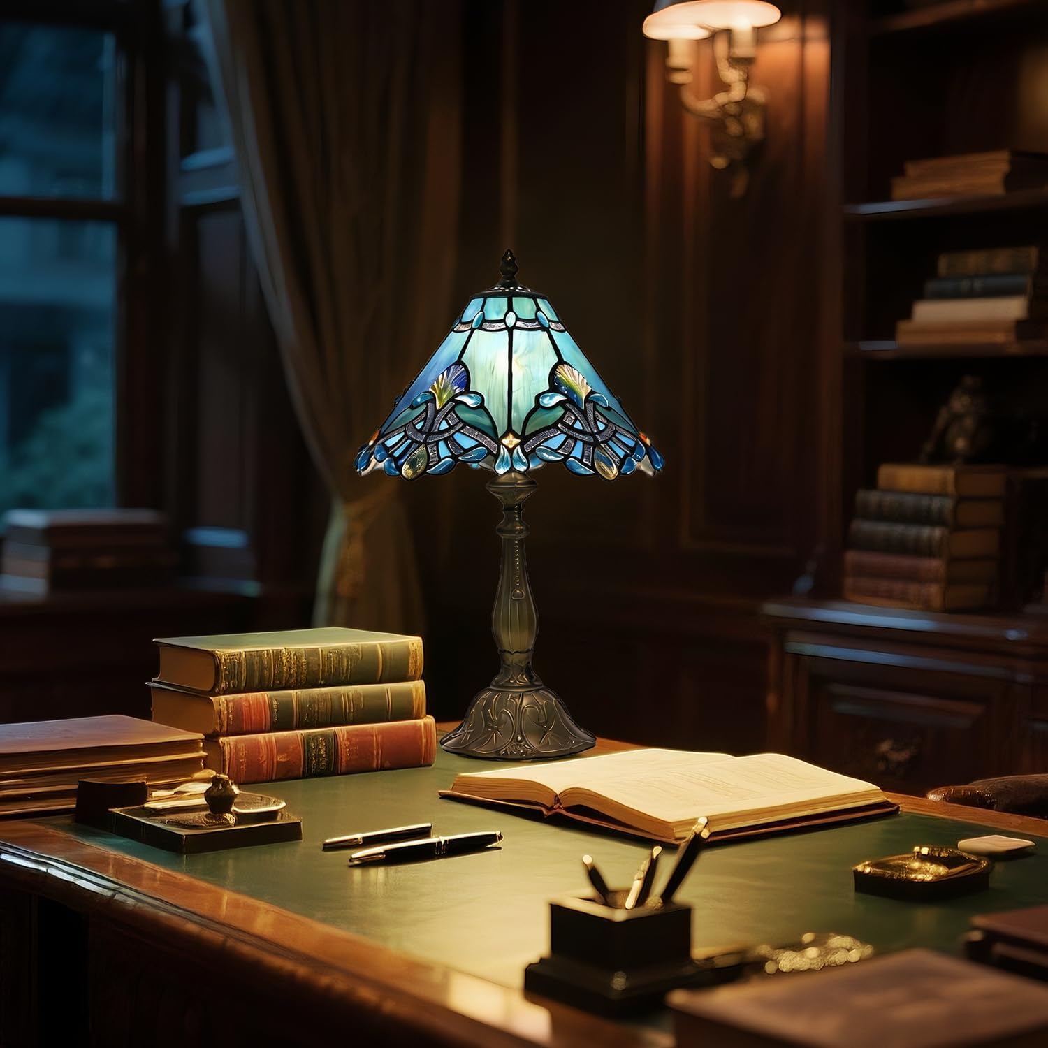 Tiffany Table Lamp,Blue Victorian lamp,12x12x19 Inche Stained Glass Lamp,Vintage Bedside Light.(Baroque)