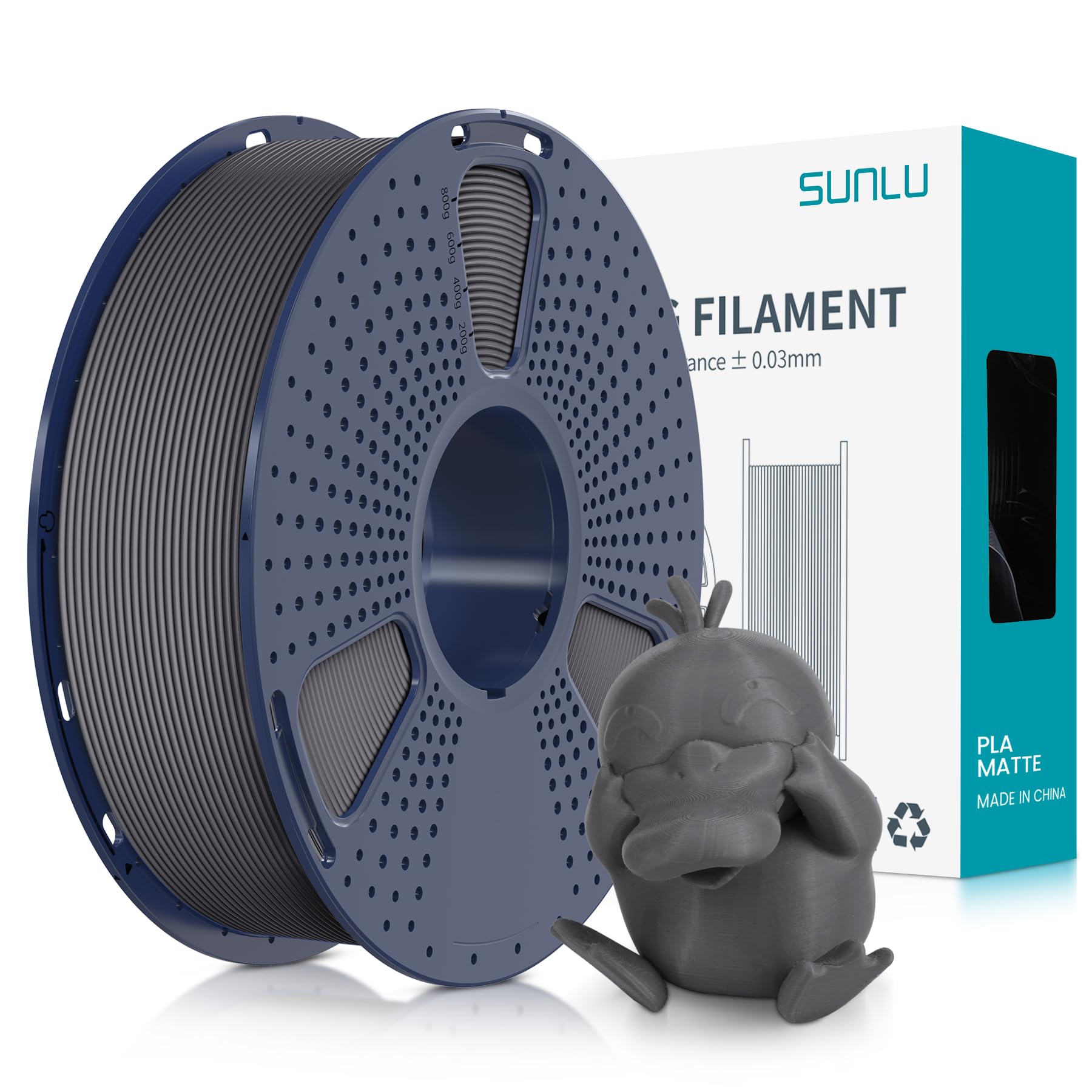 SUNLU Filamento PLA Matte 1.75 mm, Filamento per Stampante 3D con Superficie Opaca, Neatly Wound Filamento, Facile da Usare, 1kg Bobina(2.2lbs) di Filamento PLA per Stampanti FDM 3D, Grigio Matte