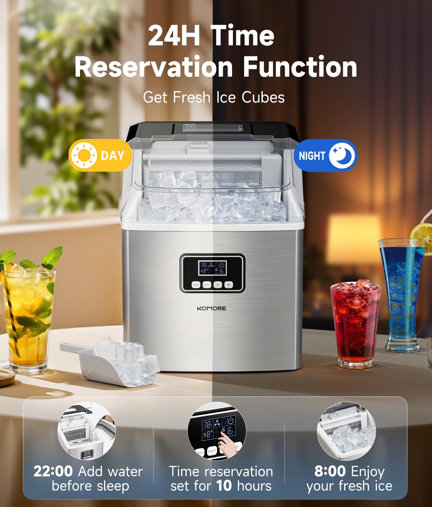 Macchina per il ghiaccio, in acciaio inox, 20 kg/giorno, 24 pezzi, pronta in 13 minuti, macchina per il ghiaccio autopulente, con paletta e cestino, display a LED, timer 24H, portatile, per