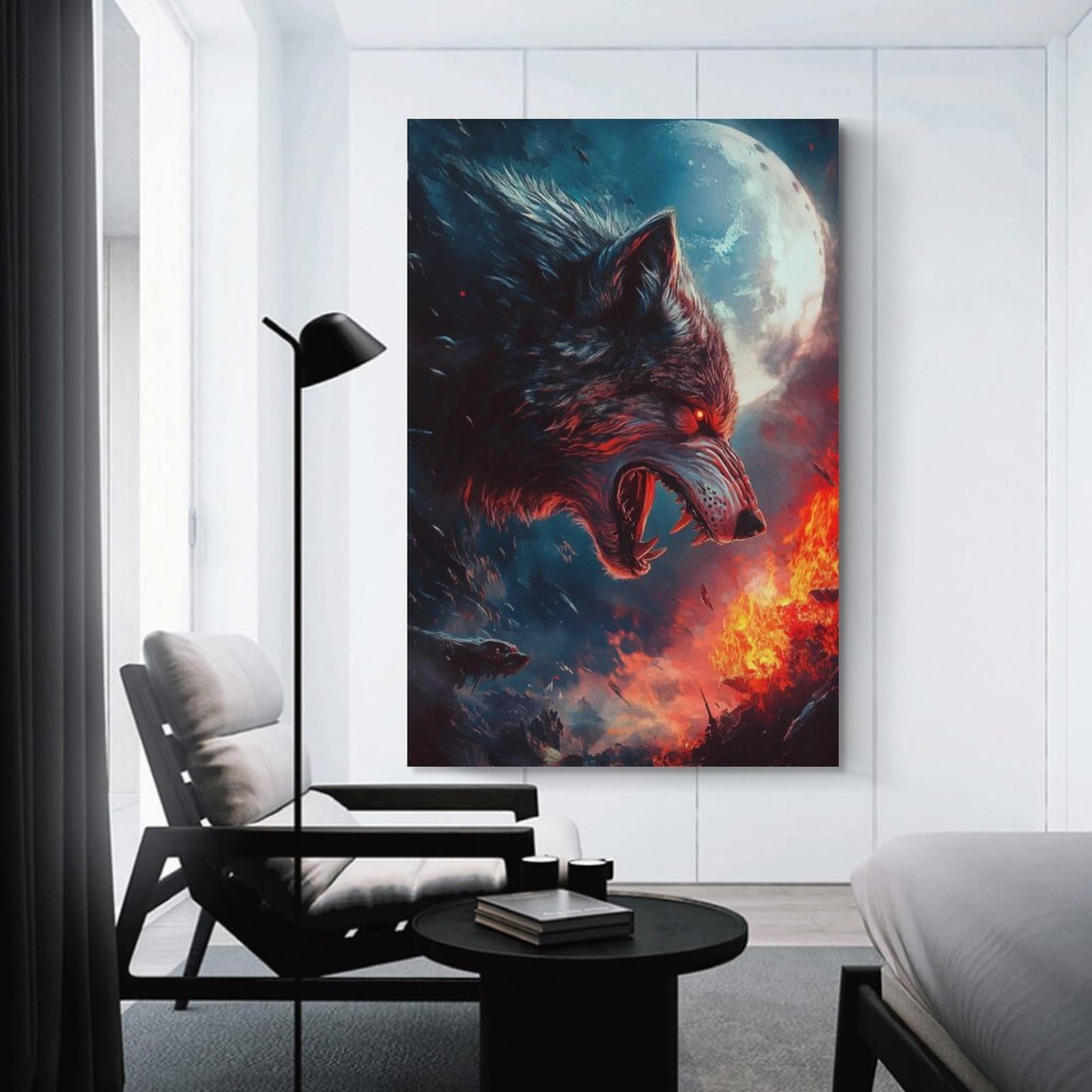Junmoney Fiery Wolf Under Full Moon Wall Decor Canvas Print 16x24inch(40x60cm), for Lounge, Study, Hallway Or Flat Walls, Decorative Artwork with Broad Appeal