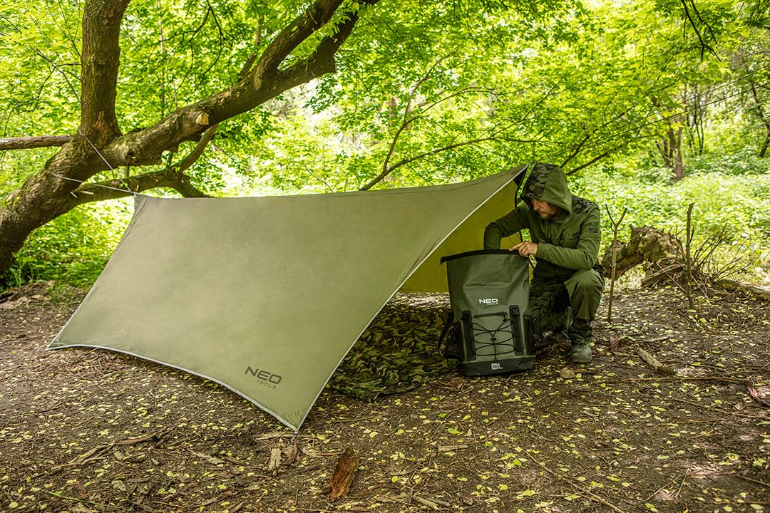 NEO TOOLS Bâche de tente, 360 x 290 cm, imperméable, légère, avec œillets, 4 piquets et 6 cordes, protection contre la neige, la pluie, légère et compacte, pour hamac, camping, randonnée, pique-nique,