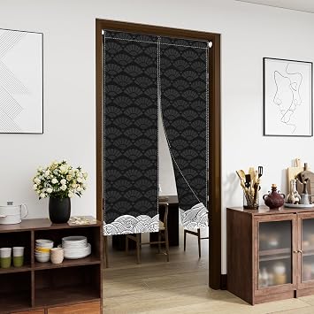 Leowefowa Traditional Japanese Noren Double Sided Doorway Curtain Window Treatment Hanging Black Wave Printed Door Curtain Tapestry for Ukiyoe Room Divider Pannel Kitchen Home Decors33.5 x 70.9"