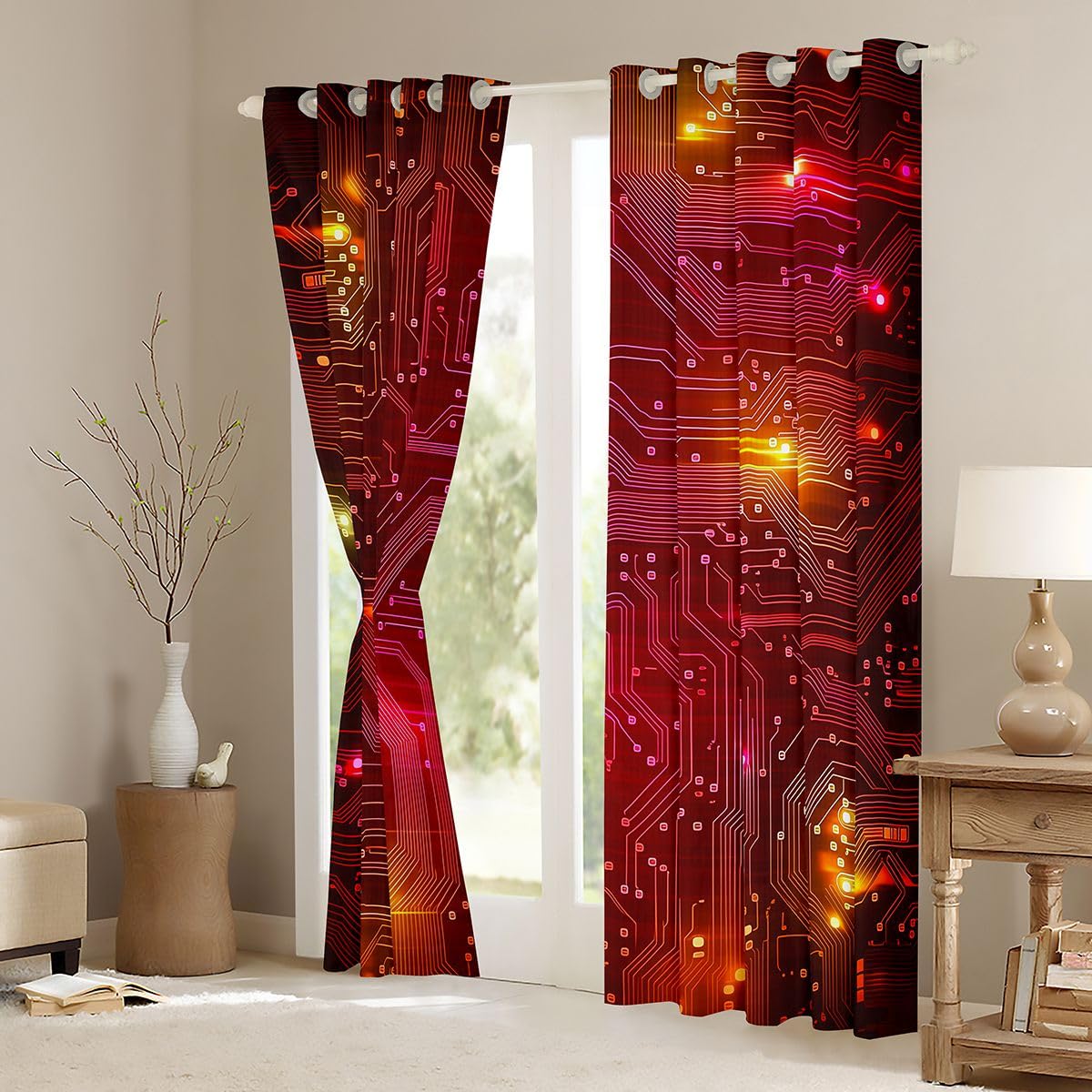 Homewish Rideau Occultant 117x183 cm Rayures Luminescentes Jaune Rose Rideau Circuit Imprimé Géométrique Néon Rideaux Voilage Lignes Dégradées Voilage Fenetre Géométrique Scintillant Tendance