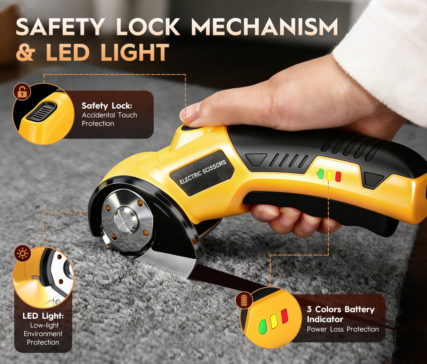 Taglierina Elettrica Forbici Elettriche Senza Fili con LED, 3.6V Taglio Rotante Cartone Cutter con 2 Testina, Taglierino Elettrico per Tessuti, Cartone, Tessuti, Pelle, Tappeti e Plastica(Giallo)