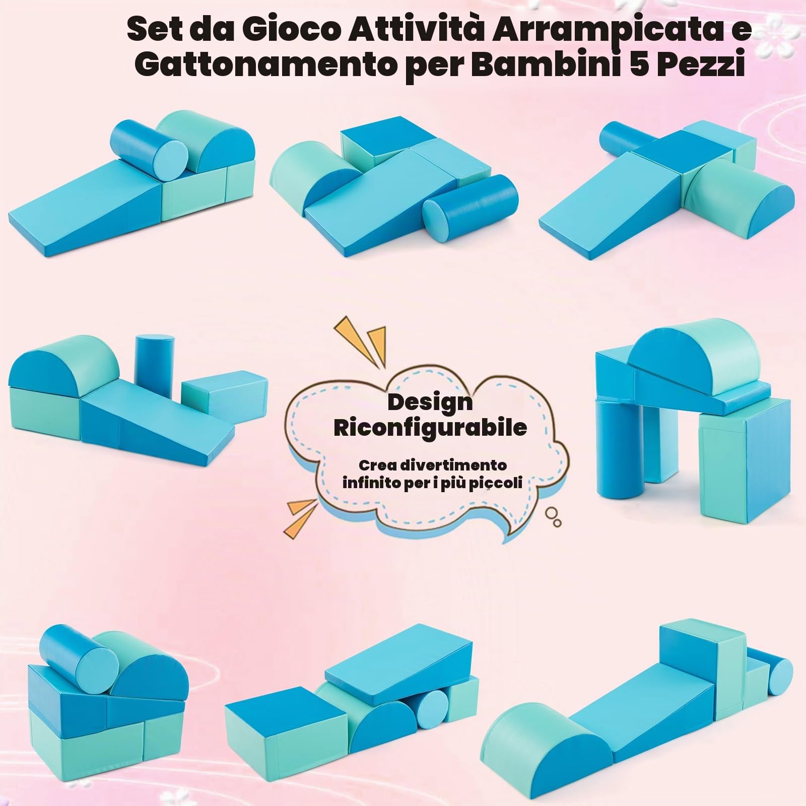 LIFEZEAL Set di 5 Blocchi Morbidi in Schiuma per Bambini 9-36 Mesi, Costruzioni, Libera Combinazione, Mattoni Cubi Componibile, Giocattolo Attività, con Scivolo, Arrampicata, Multicolore