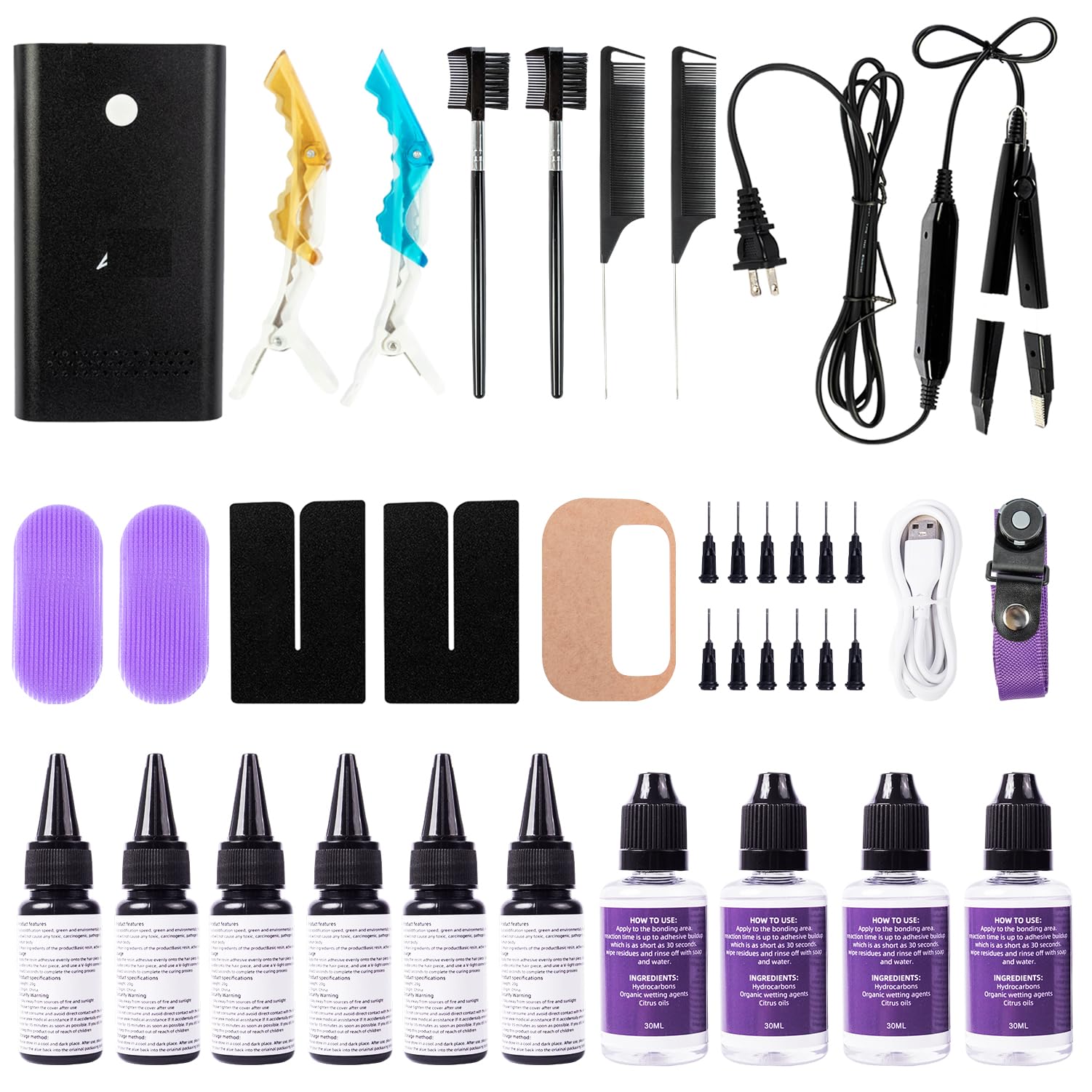 V Light Hair Extensions Kit, V Light Hair Glue*6, V Light Hair glue romover*4, v light hair comb*2, hair extensions clip*2.