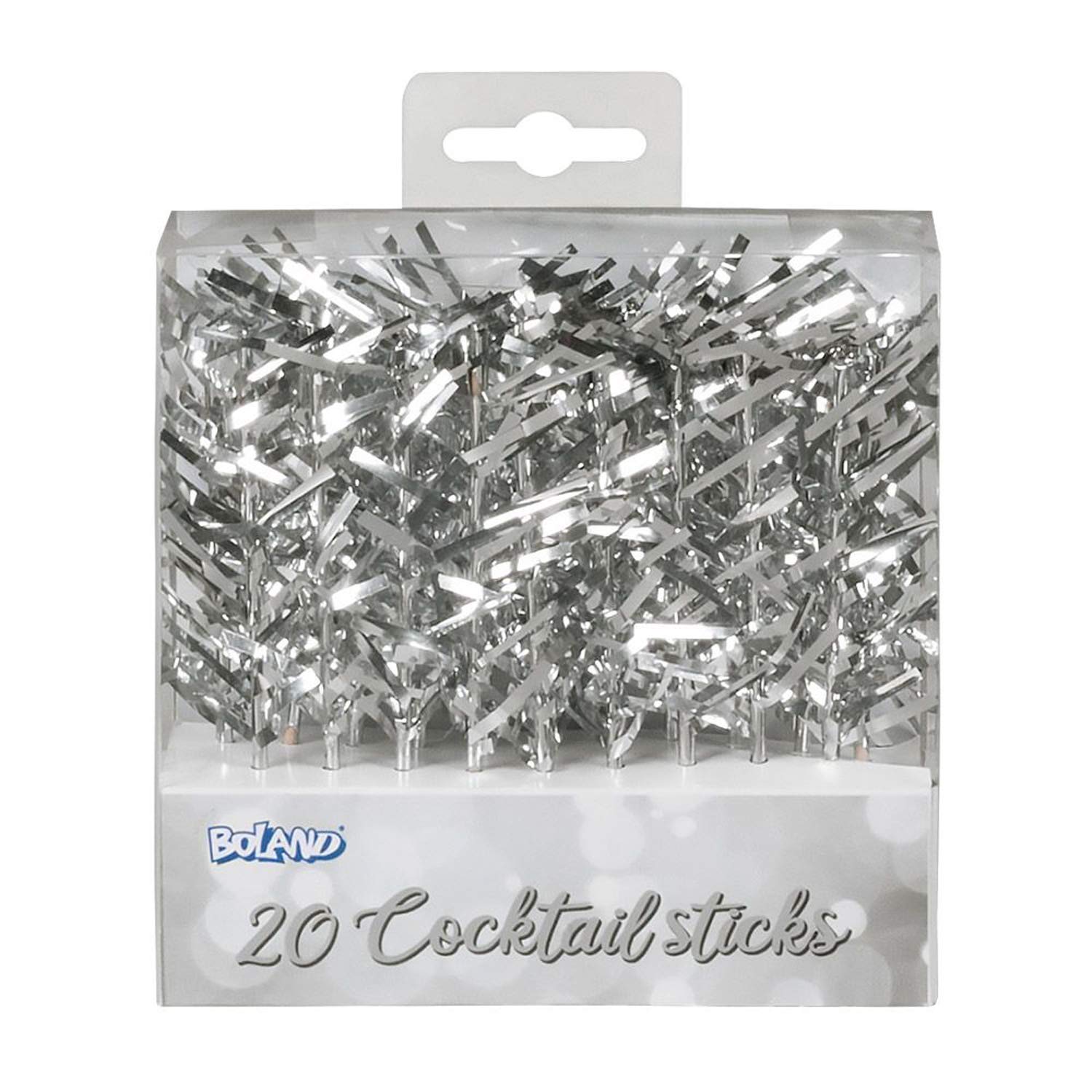 Boland 20021 Cocktail Sticks Pack of 20 Silver, Length 10 cm, Made of Foil and Wood, Decorative Picker, Shiny Decoration, Party, Buffet, Finger Food, Carnival, Theme Party