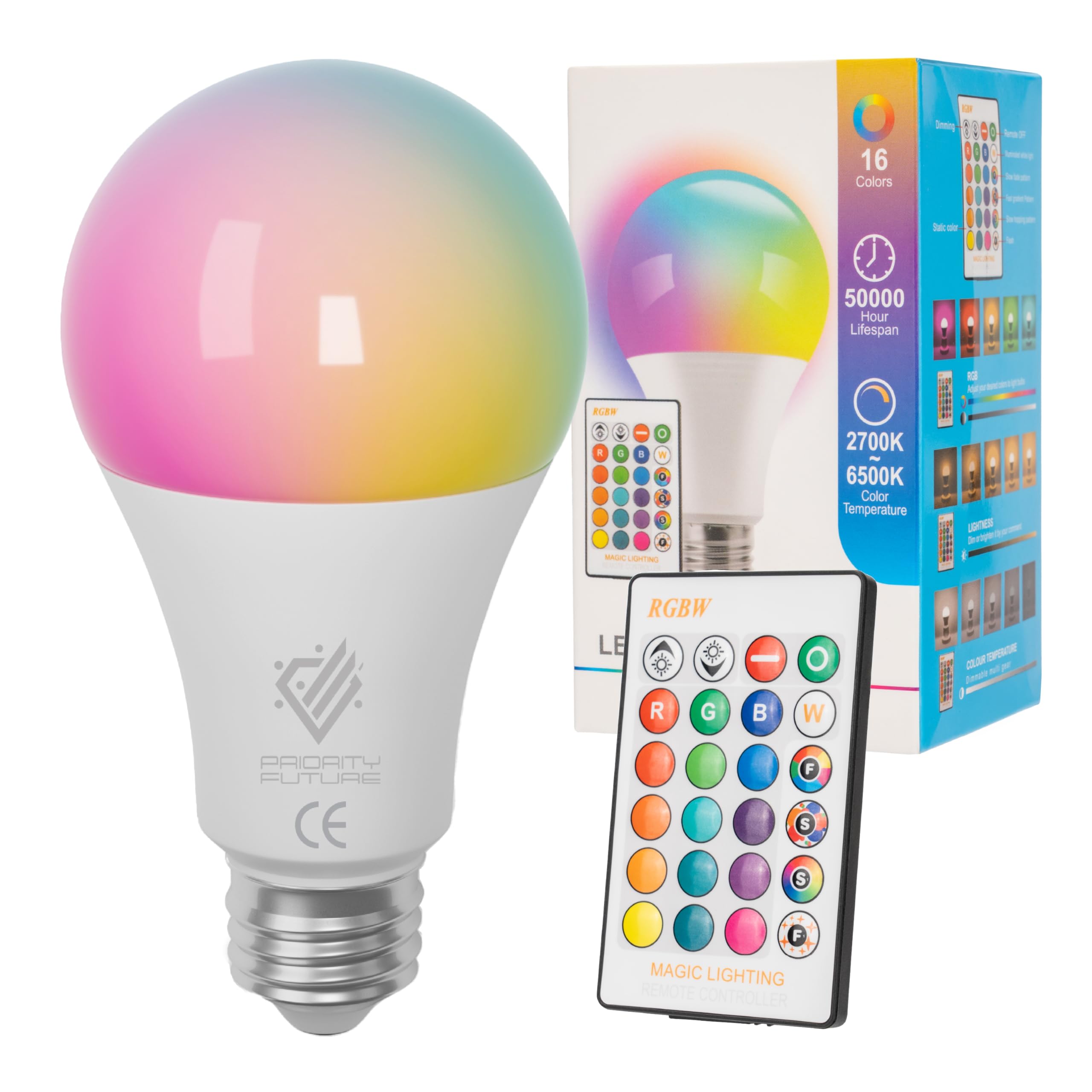 Lampadina LED RGBW con Telecomando – Lampadina E27 16 Colori, Modalità Luce Dinamica, 2700K-6500K