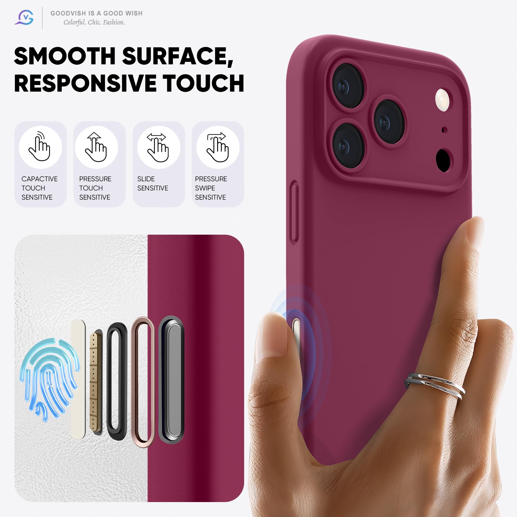 GOODVISH Magnetica Silicone Cover per iPhone 17 Pro Max 6.9", Custodia con 2x Vetro Temperato [Pulsante Controllo Fotocamera] 360° Protezione Anticaduta Case per Antiurto Resistente, Vino Rosso