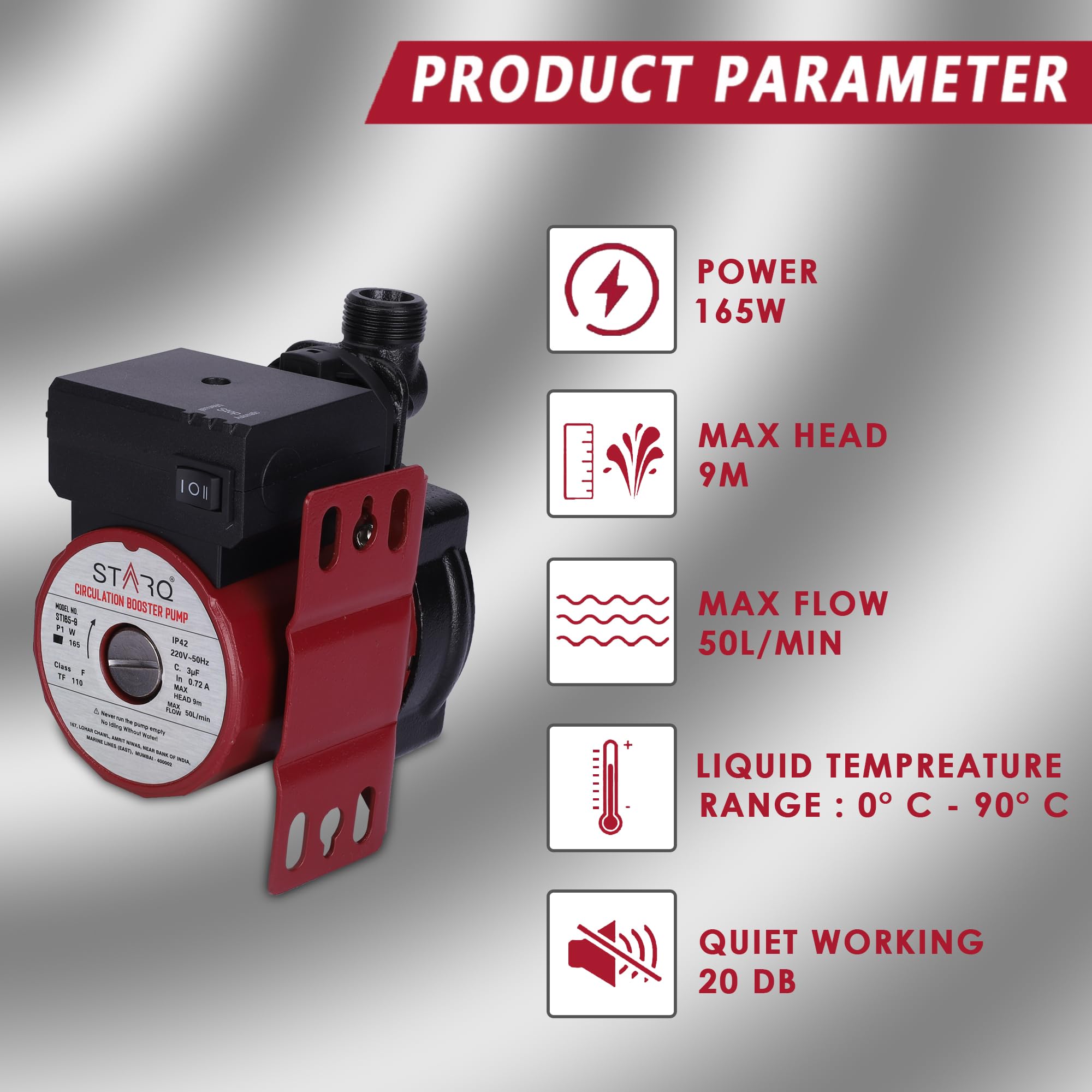 STARQ ST165-9 Inline Automatic Water Pressure Pump With Wall Mounting Bracket Suitable for Hot Water Circulation, Washing Machine, RO & Shower (RED) 3