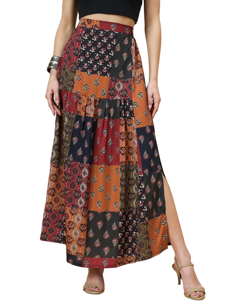 Abstract Printed Skirt with Gathers for Women