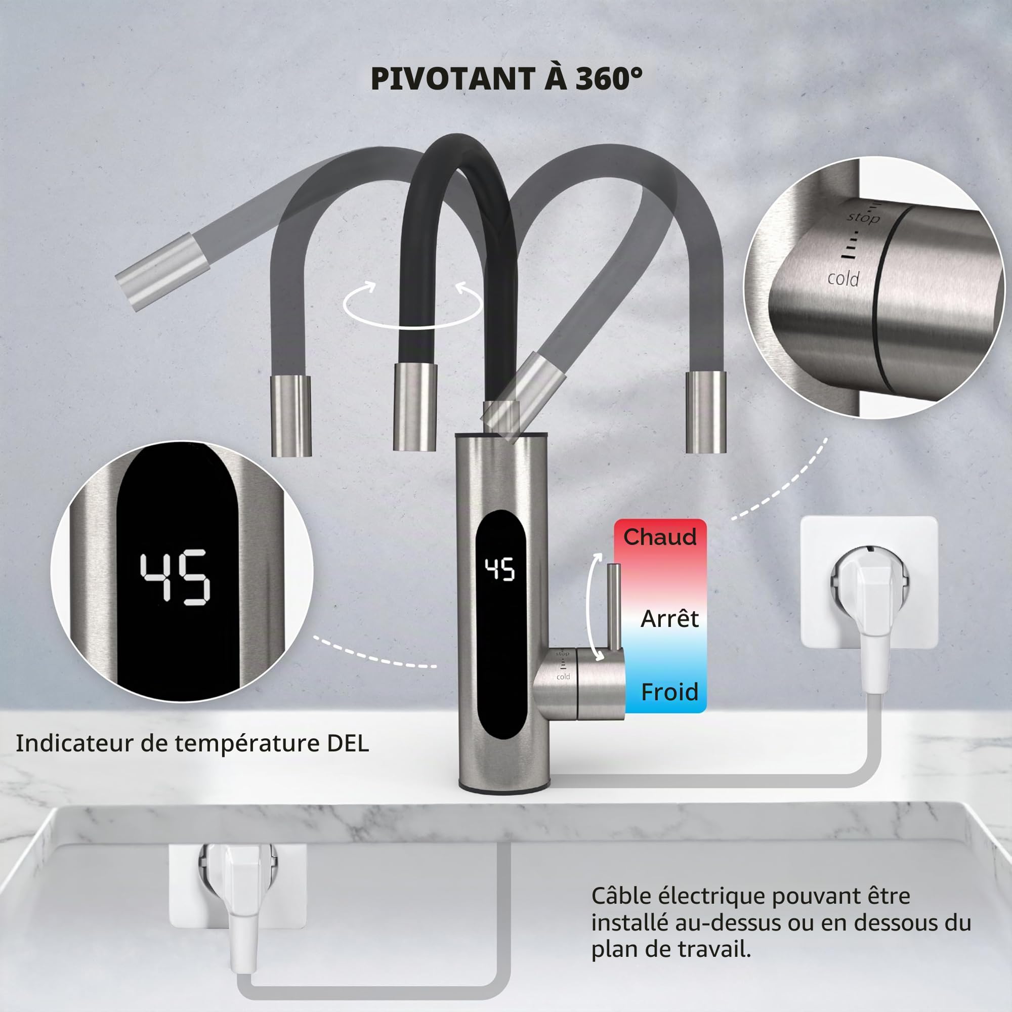 HOGART Robinet électrique avec chauffe-eau instantané 230 V pour cuisine, jardin, salle de bain, caravane, camping, 2 embouts, chauffage intelligent, robinet avec chauffe-eau instantané, robinet d'eau