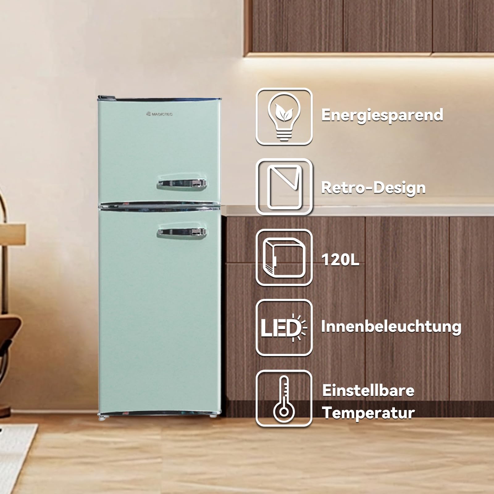 Magictec Retro Kühlschrank mit Gefrierfach 120L Low Frost Kühl Gefrier Kombination Vintage Design LED Beleuchtung Matcha-Grün