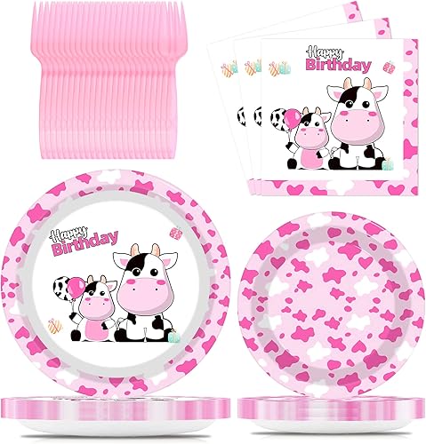 96 platos desechables para fiesta de cumpleaños, suministros de platos de fiesta de cumpleaños con temática de vaca rosada para niños, platos de