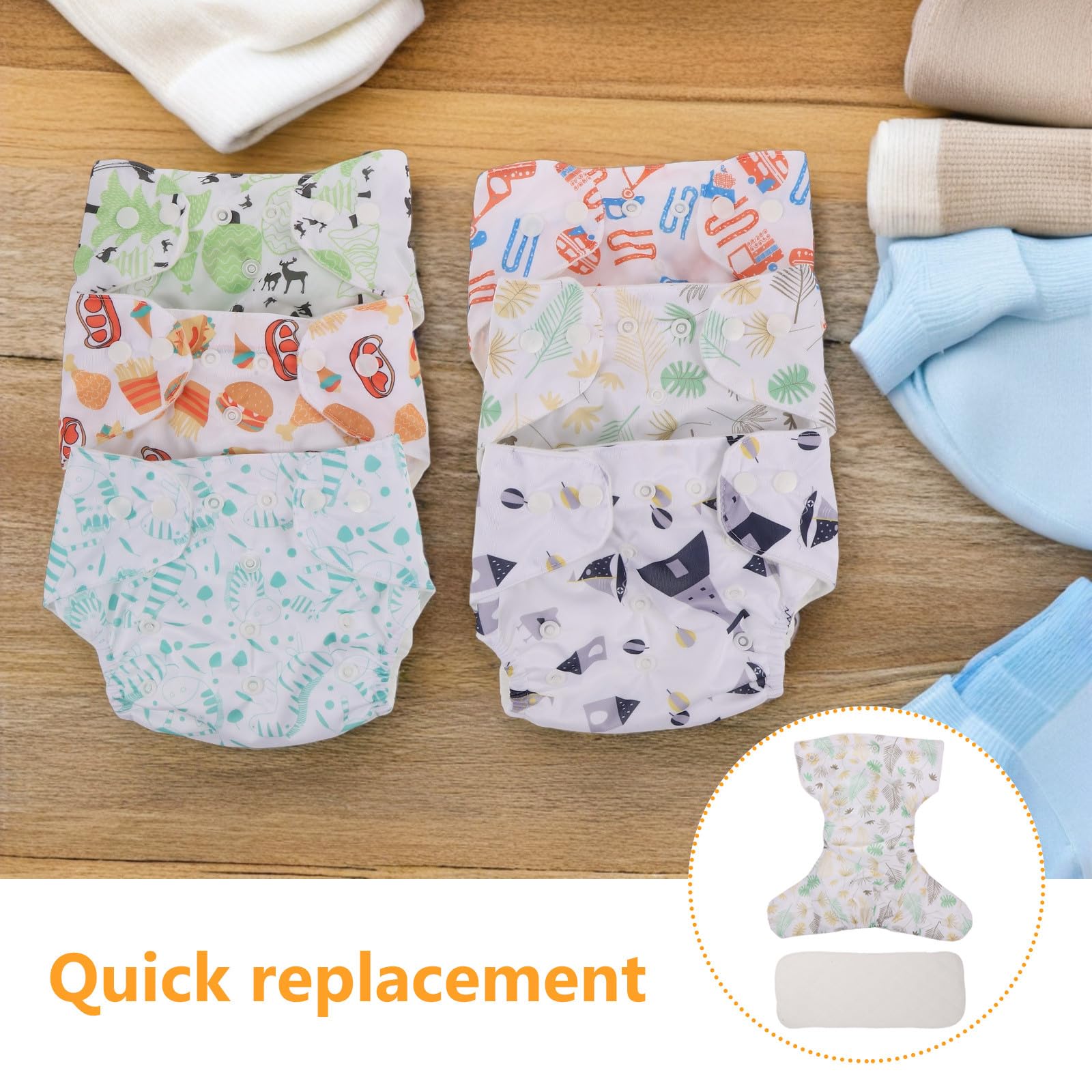 6 pañales de tela para bebés con estampados, suaves, lavables y reutilizables con botón a presión.